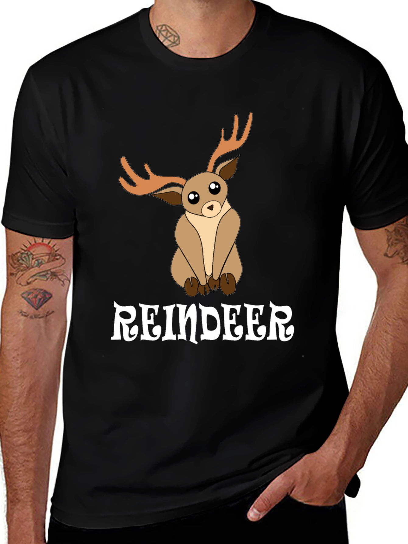 Variant 22 of Cute Reindeer Graphic Tee - Black Cotton T-Shirt