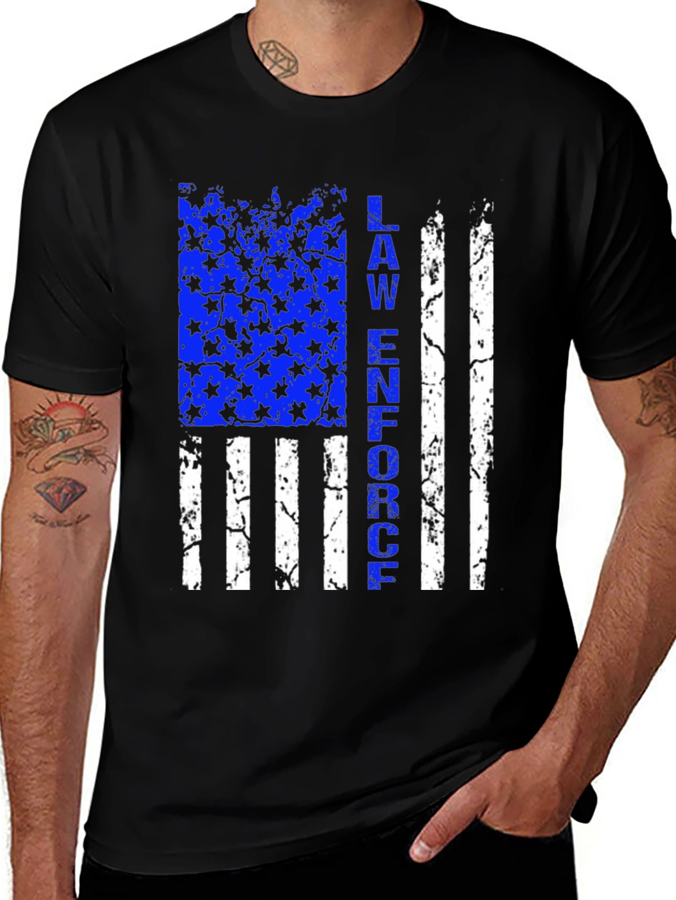 Black Law Enforcement Flag Graphic T-Shirt - Thin Blue Line Support main image