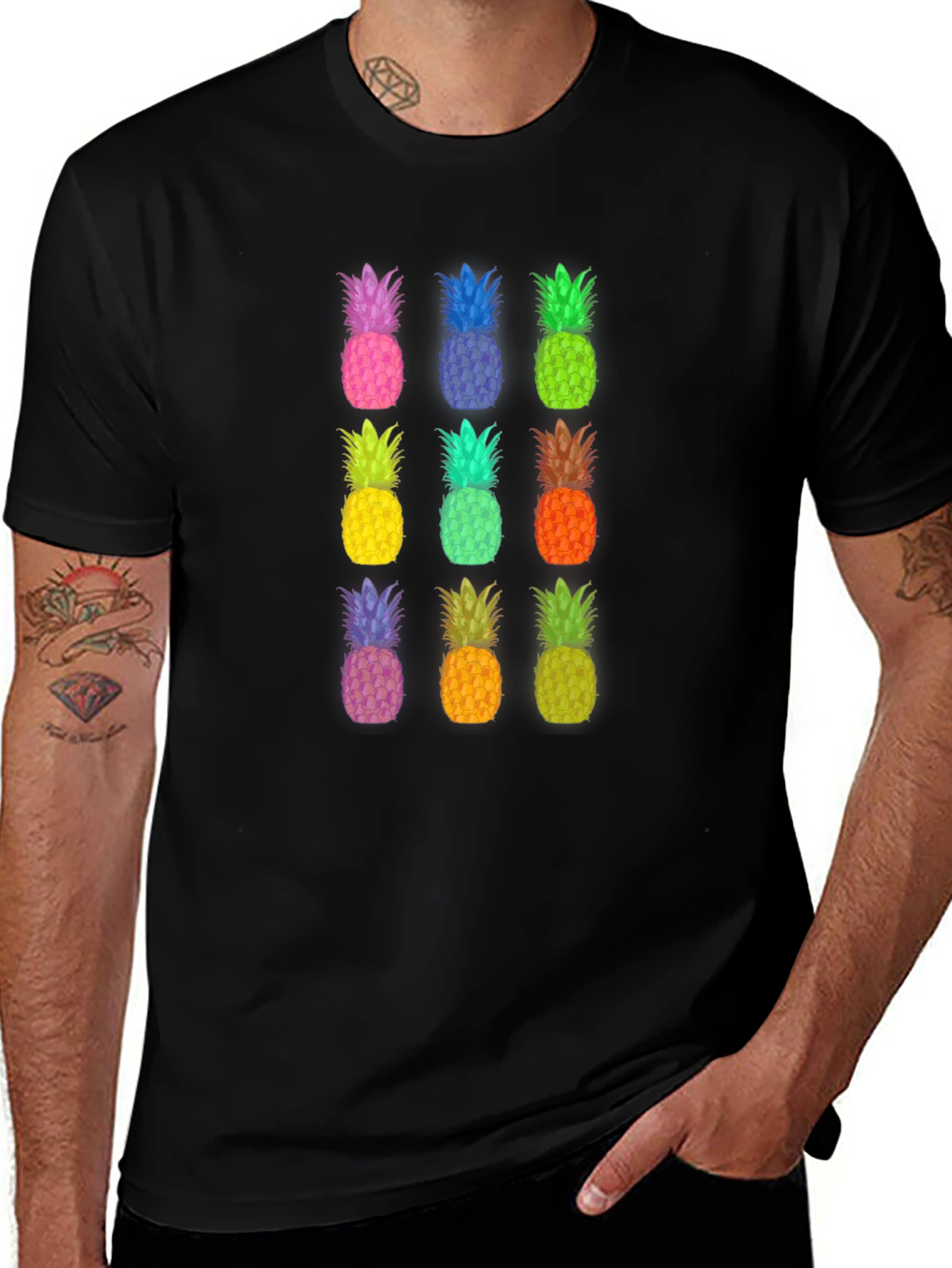 Variant 18 of Colorful Pineapple Print Black T-Shirt