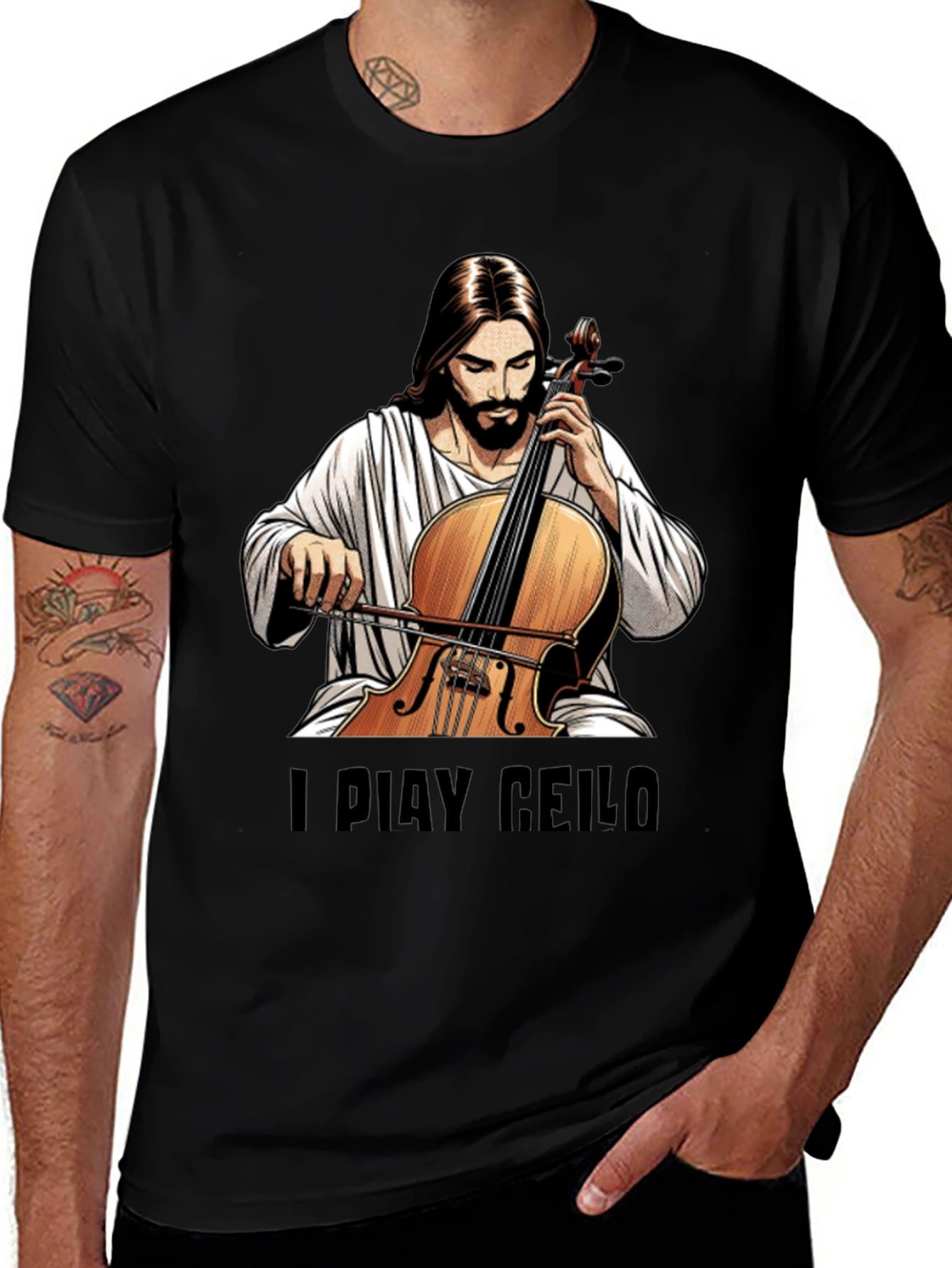Variant 21 of I Play Cello T-Shirt - Jesus Playing Cello