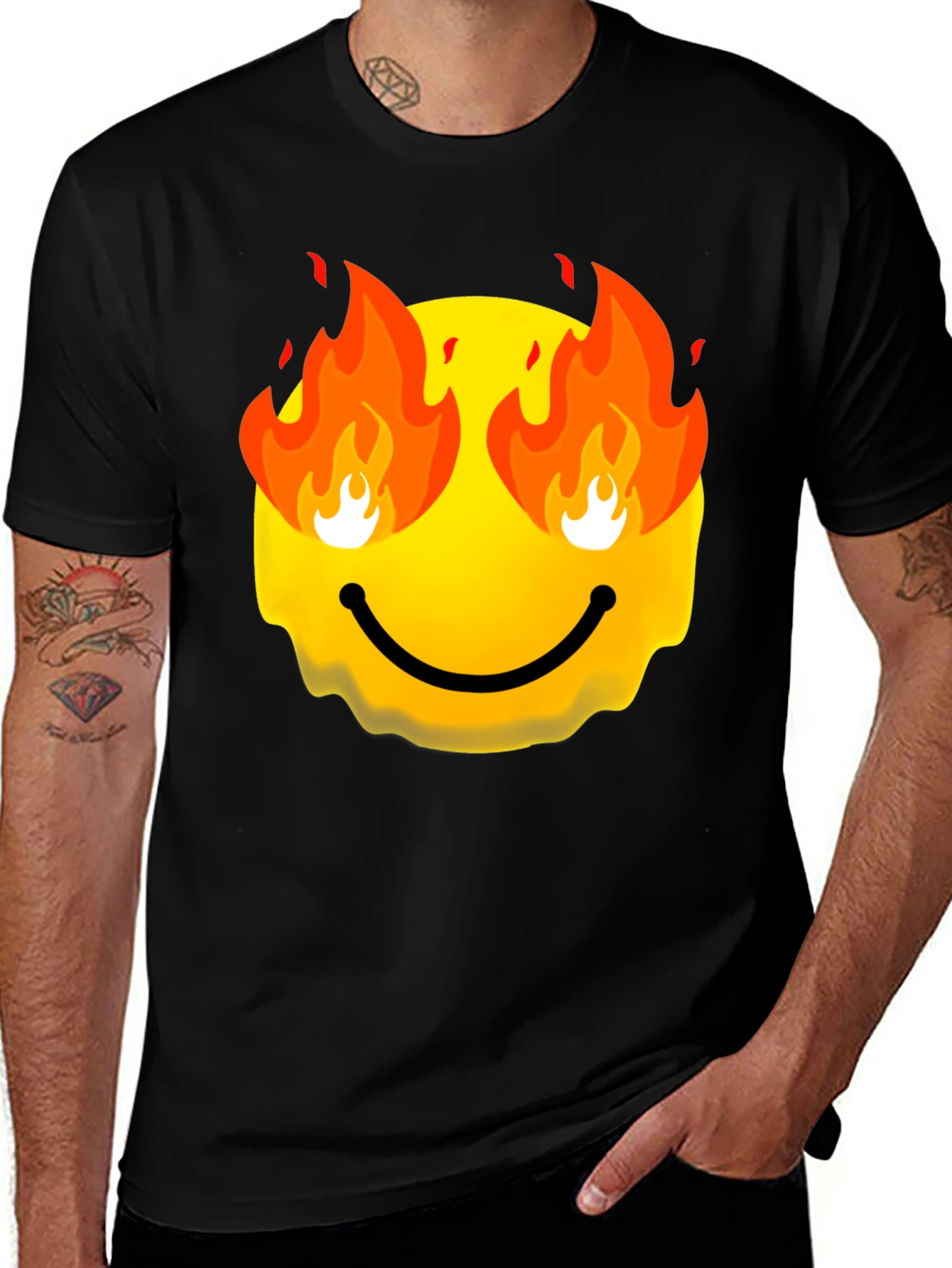 Variant 9 of Fiery Smiley Face Graphic Tee - Black Cotton T-Shirt