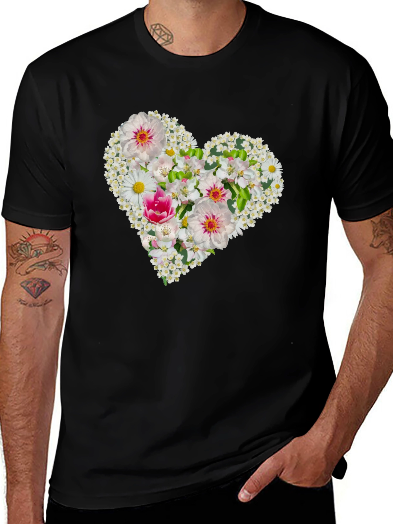 Variant 11 of Floral Heart Tee - Black Cotton Graphic T-Shirt
