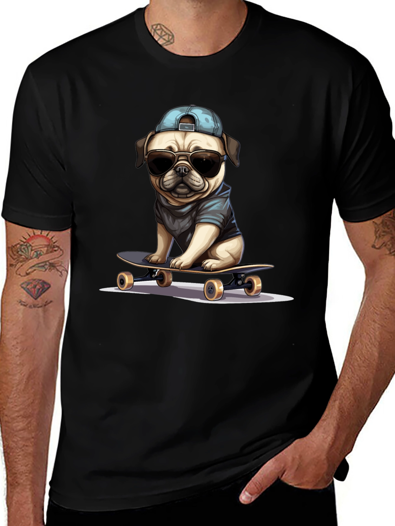 Variant 10 of Cool Pug Skateboard T-Shirt - Black