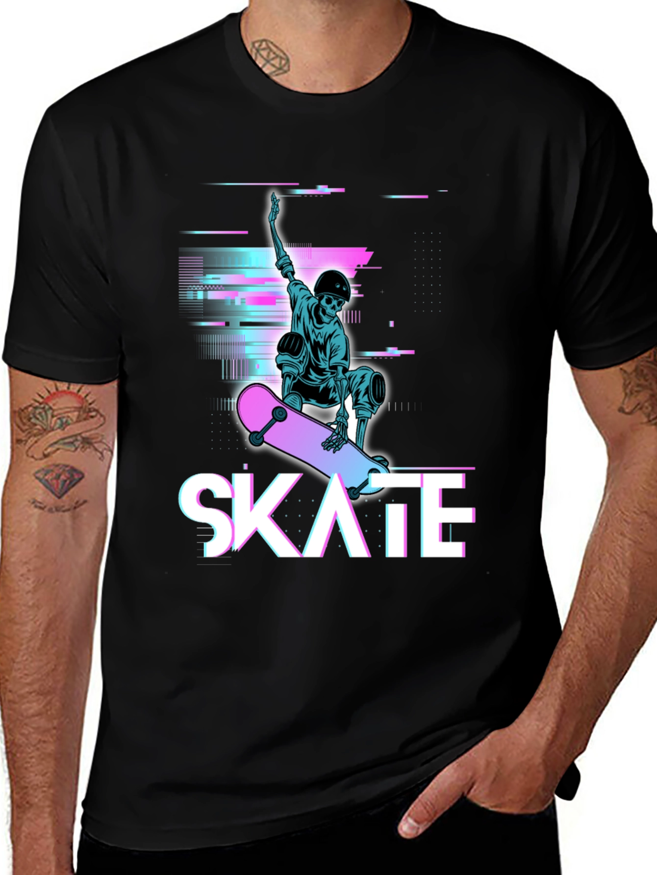 Variant 27 of Skate Skeleton Graphic Tee - Cool Glitch Style T-Shirt