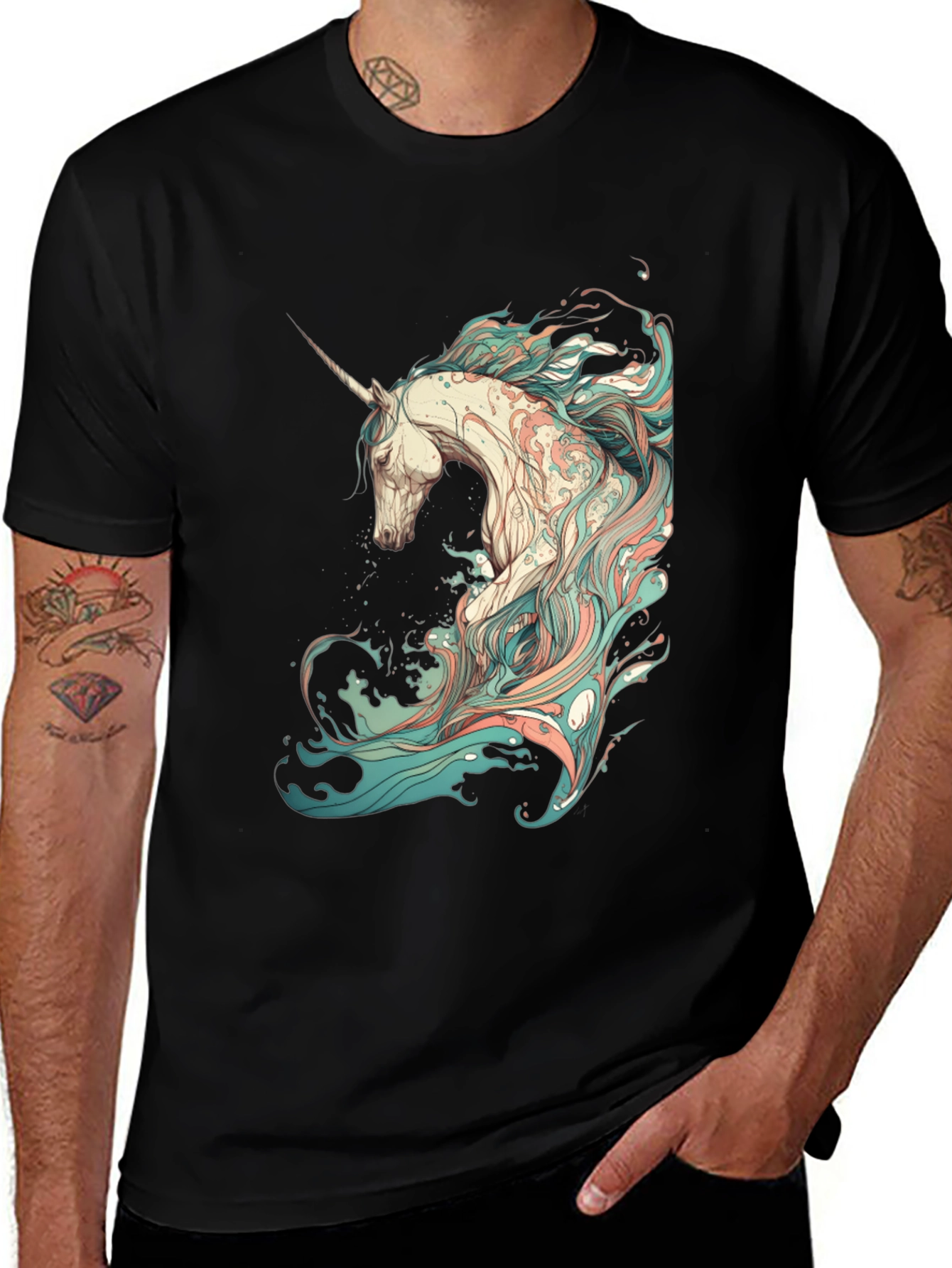 Variant 24 of Unicorn Wave Graphic Tee - Black Cotton T-Shirt