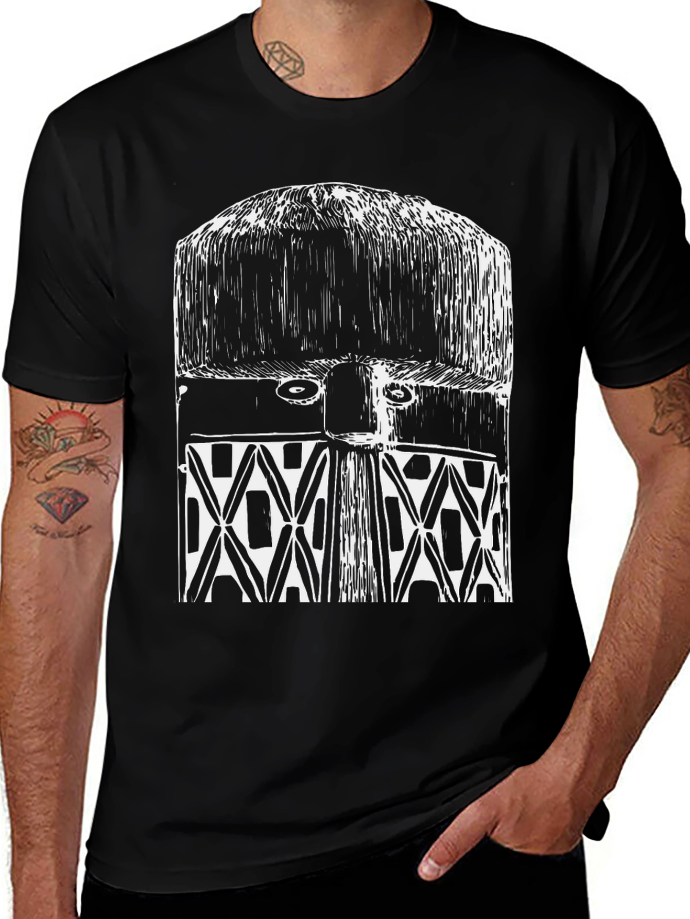 Variant 22 of Tribal Mask Graphic Tee - Black Cotton T-Shirt