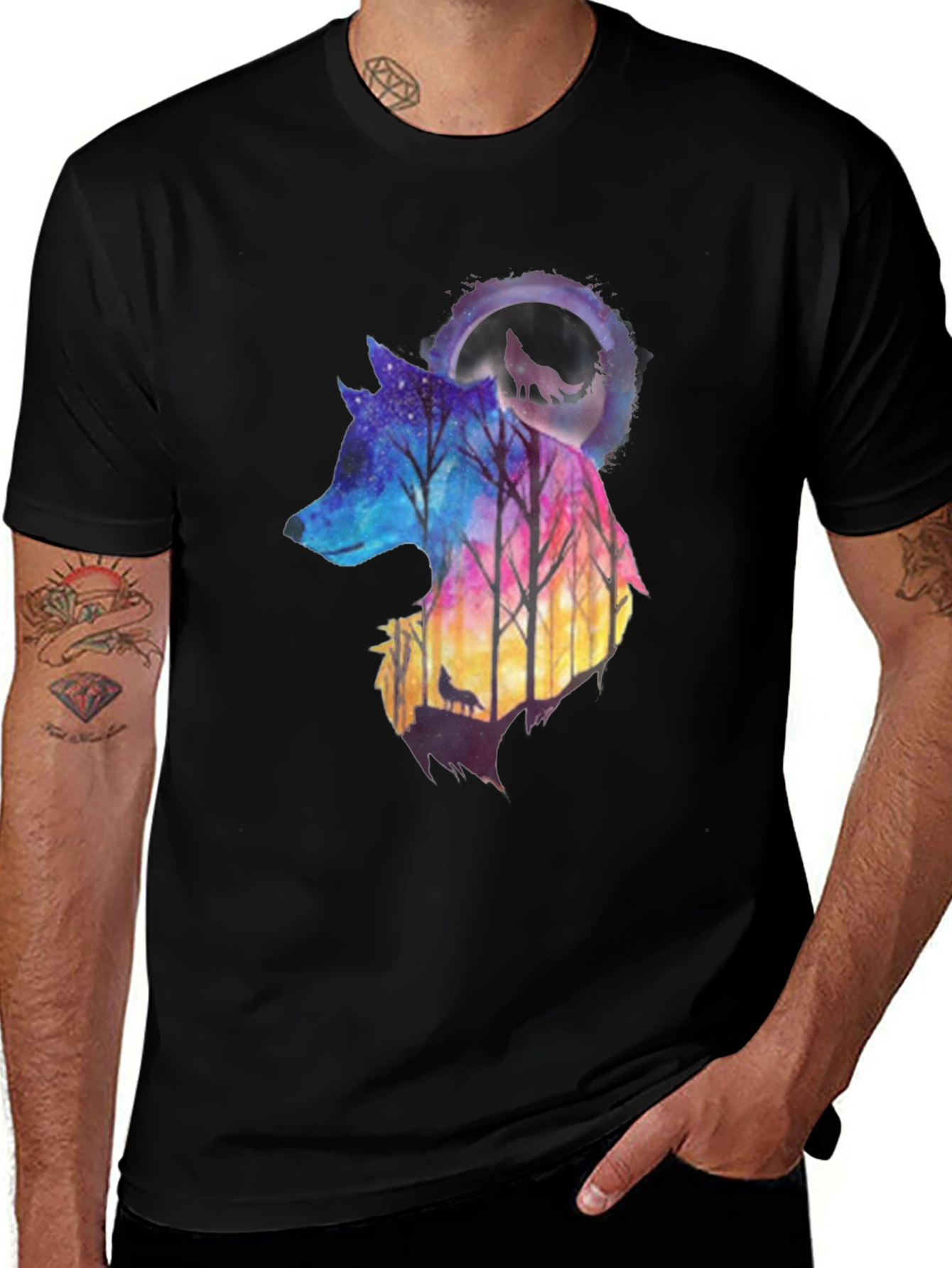 Variant 18 of Wolf Silhouette Graphic T-Shirt - Night Sky Design