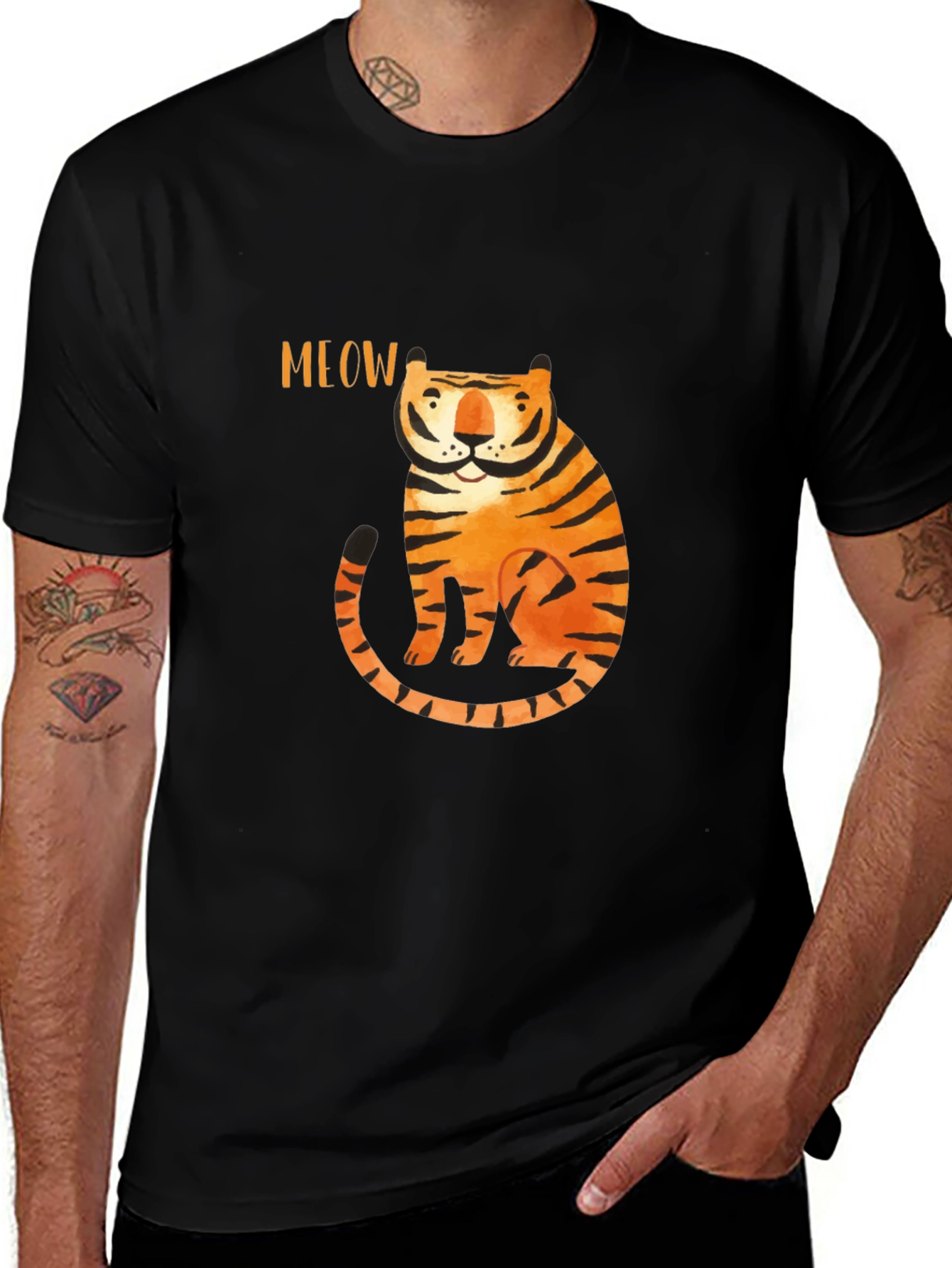 Meow Tiger Graphic Tee - Black Cotton T-Shirt