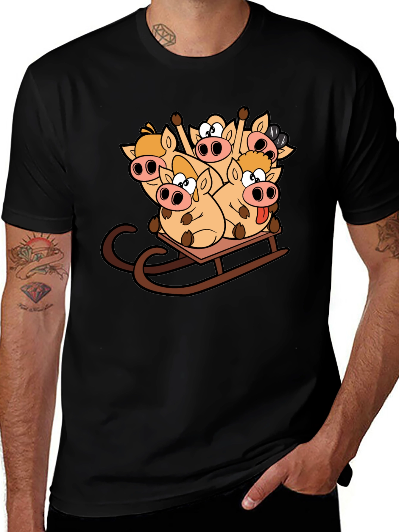 Variant 18 of Funny Pigs on Sled Black T-Shirt