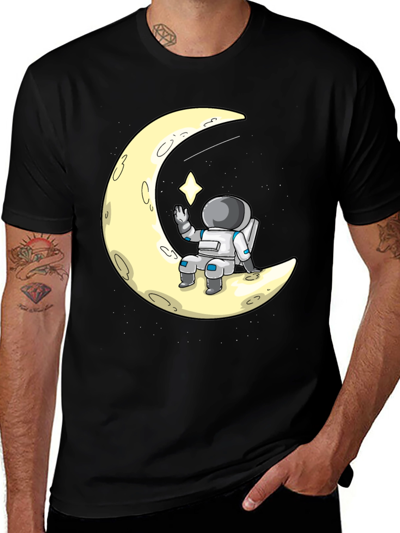 Astronaut on Moon Graphic Tee - Black Cotton T-Shirt