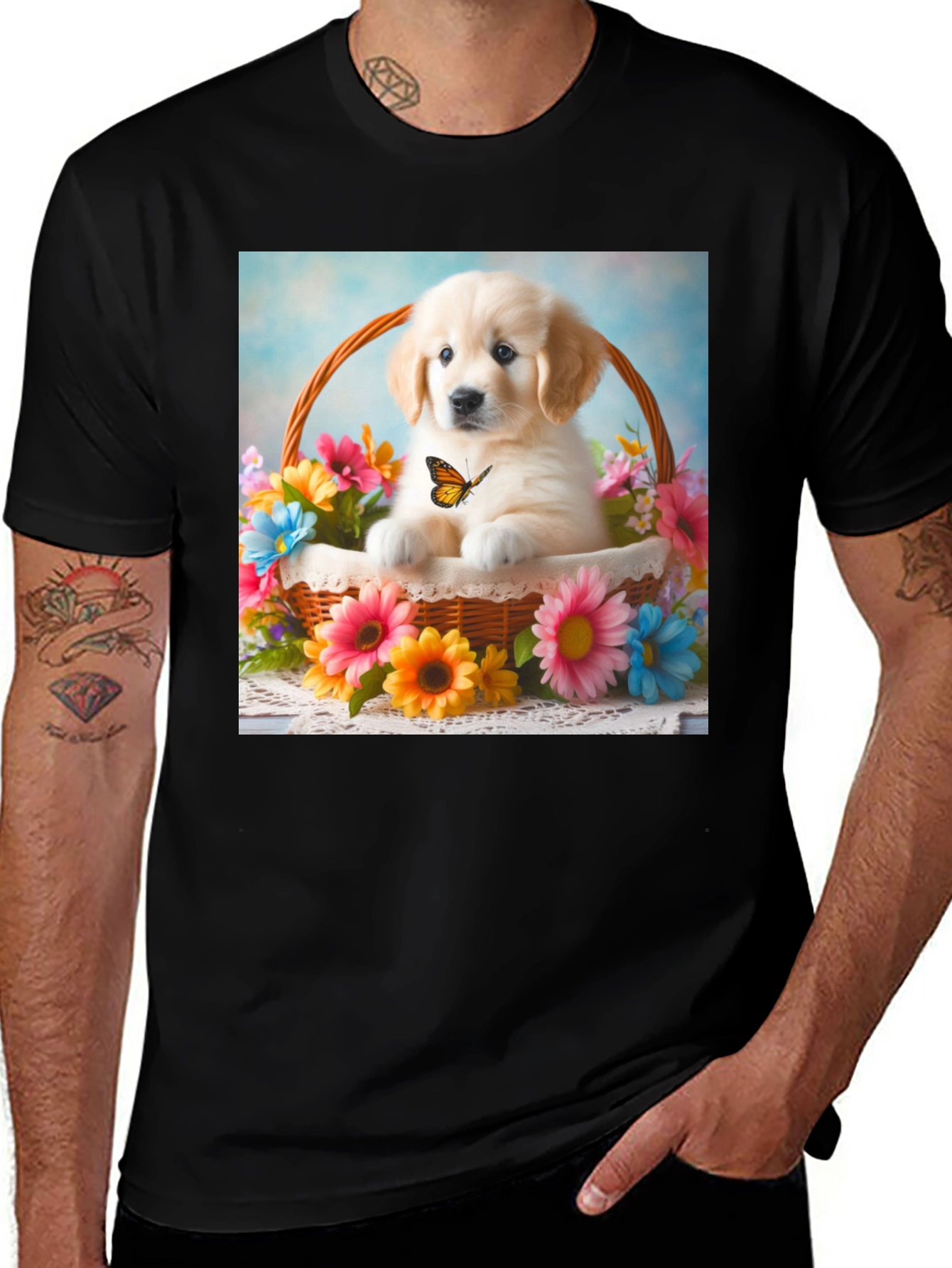 Variant 21 of Golden Retriever Puppy in Basket T-Shirt