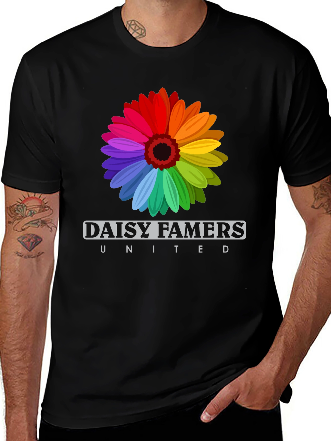 Variant 4 of Daisy Famers United Black T-Shirt - Rainbow Flower