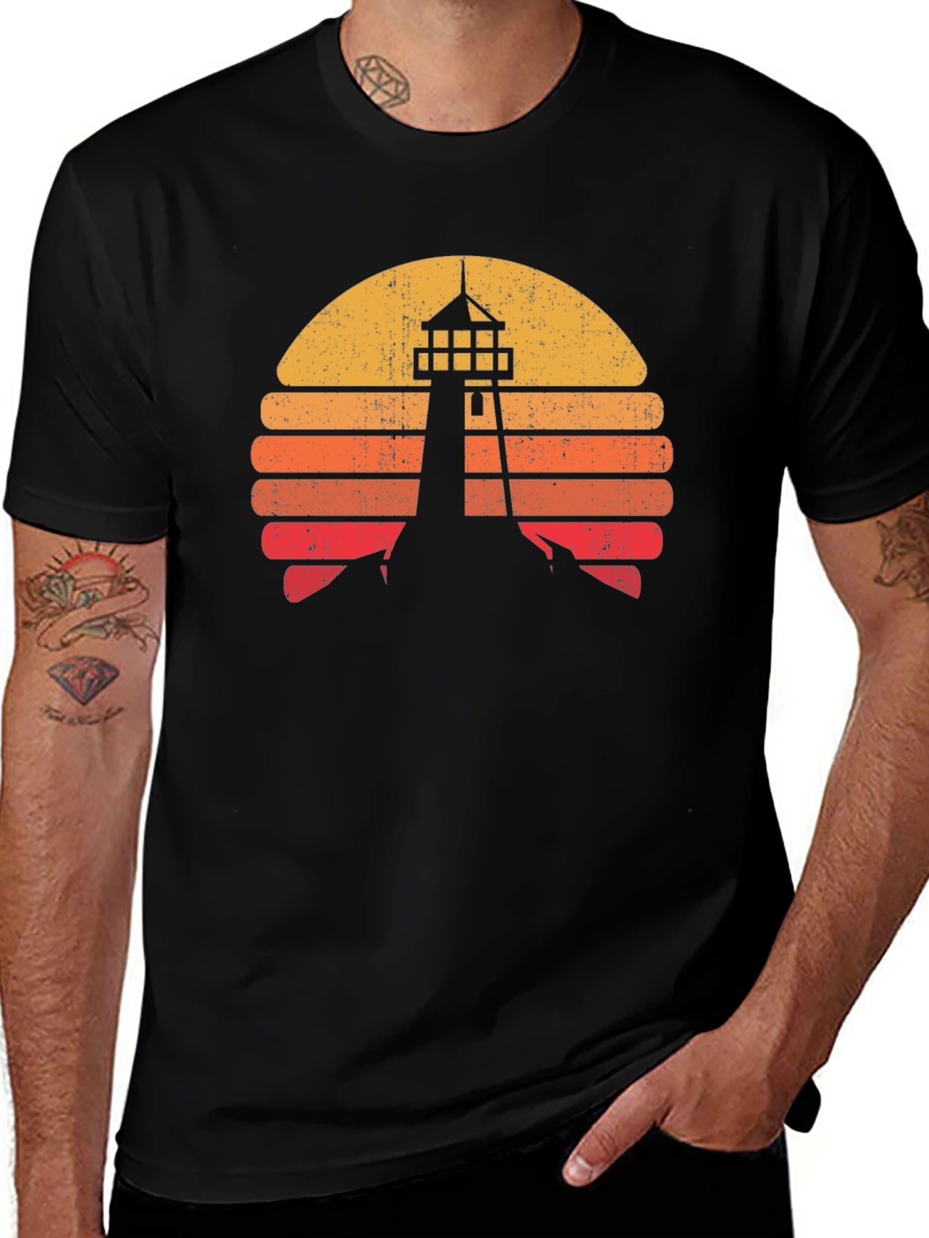Variant 3 of Retro Lighthouse Sunset Graphic Tee - Black