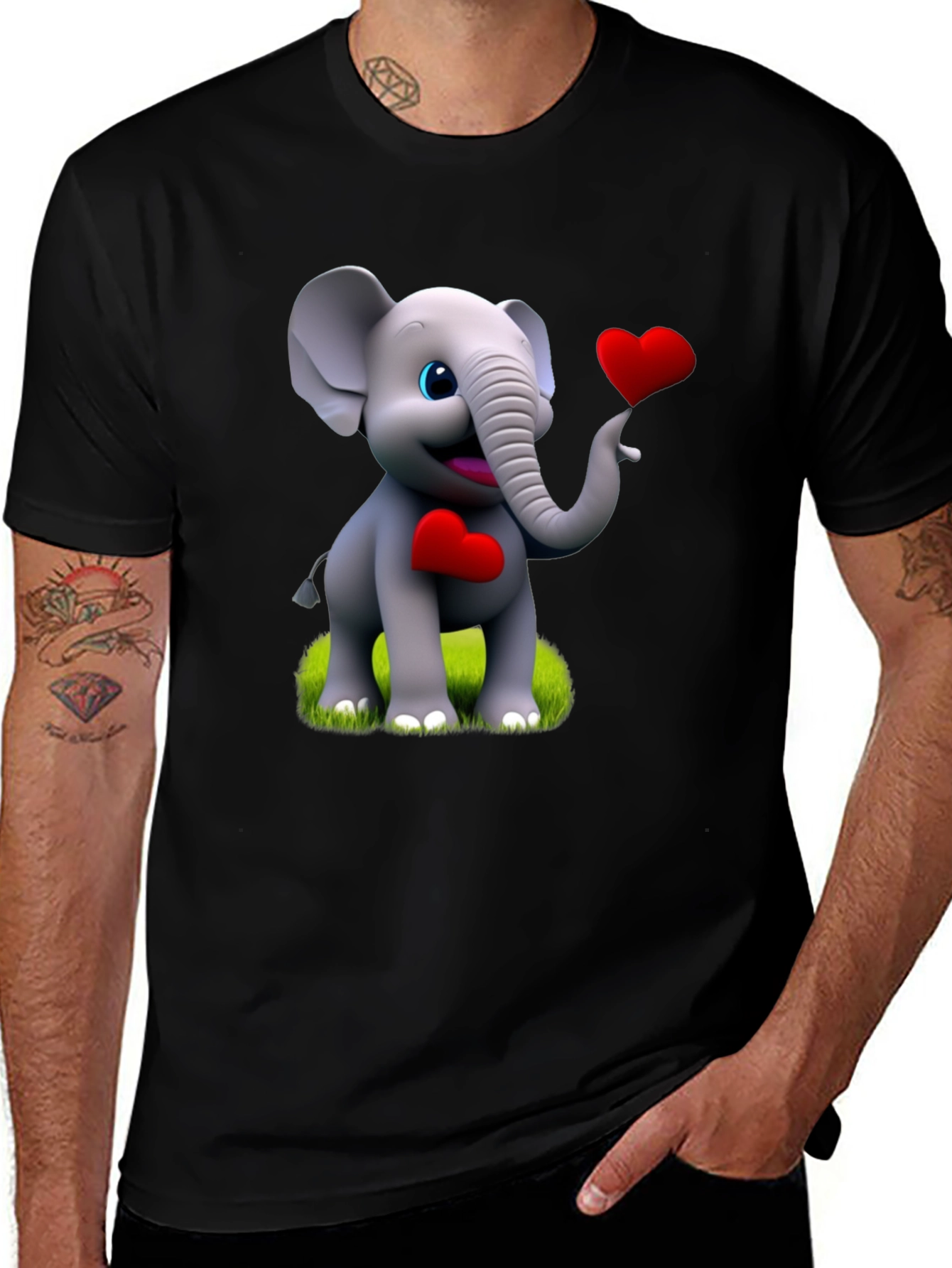 Variant 8 of Cute Elephant Heart Graphic Tee - Black