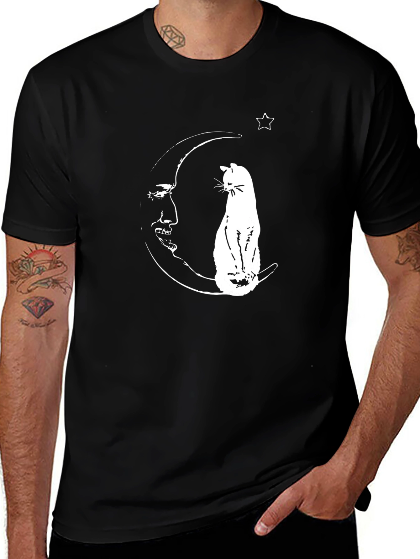 Variant 10 of Cat On Moon Graphic Tee - Black Cotton T-Shirt