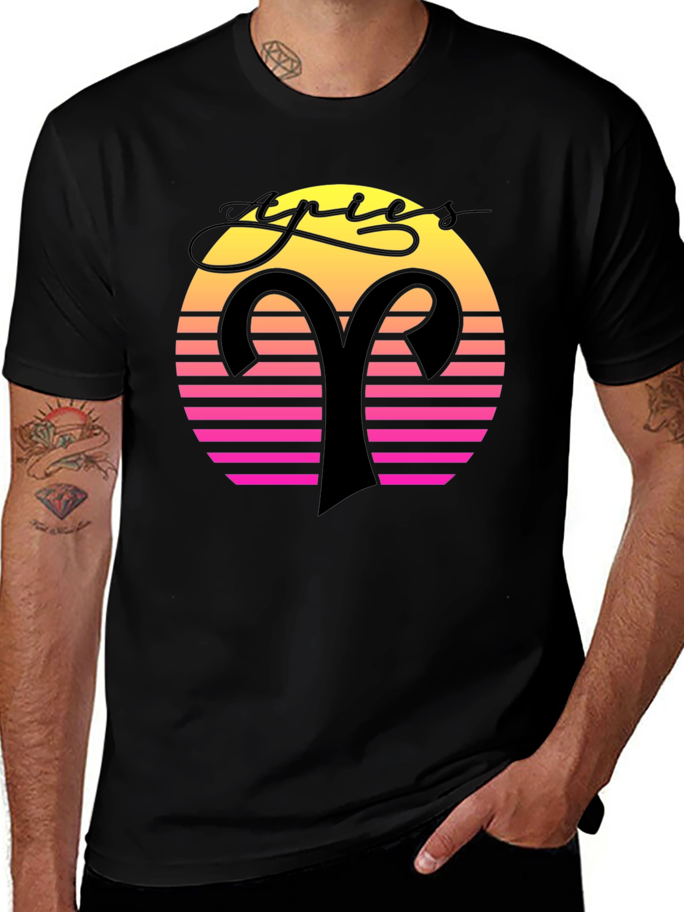 Variant 6 of Aries Zodiac Black T-Shirt Retro Sunset Design