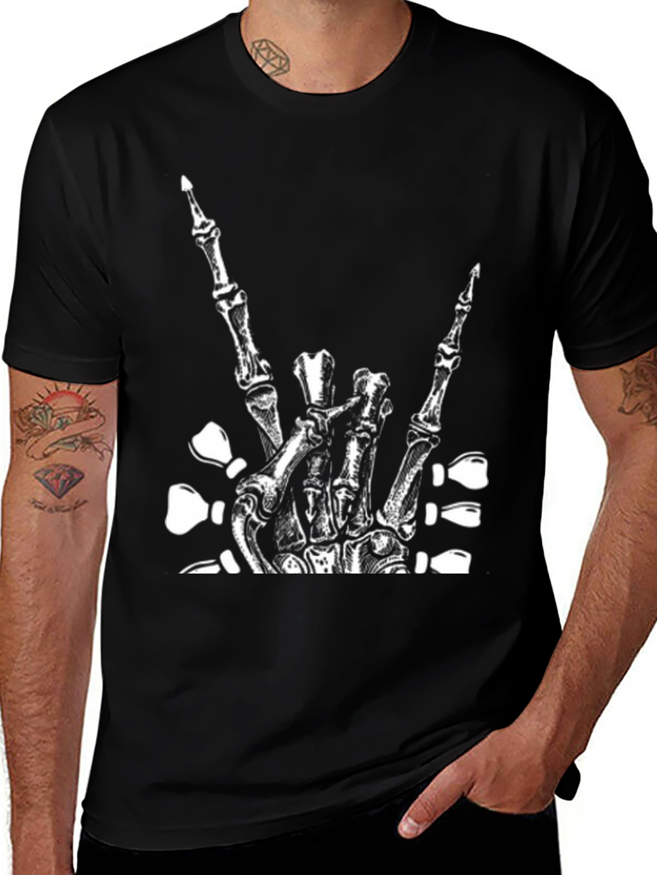 Variant 17 of Rock On Skeleton Hand Graphic Tee - Black
