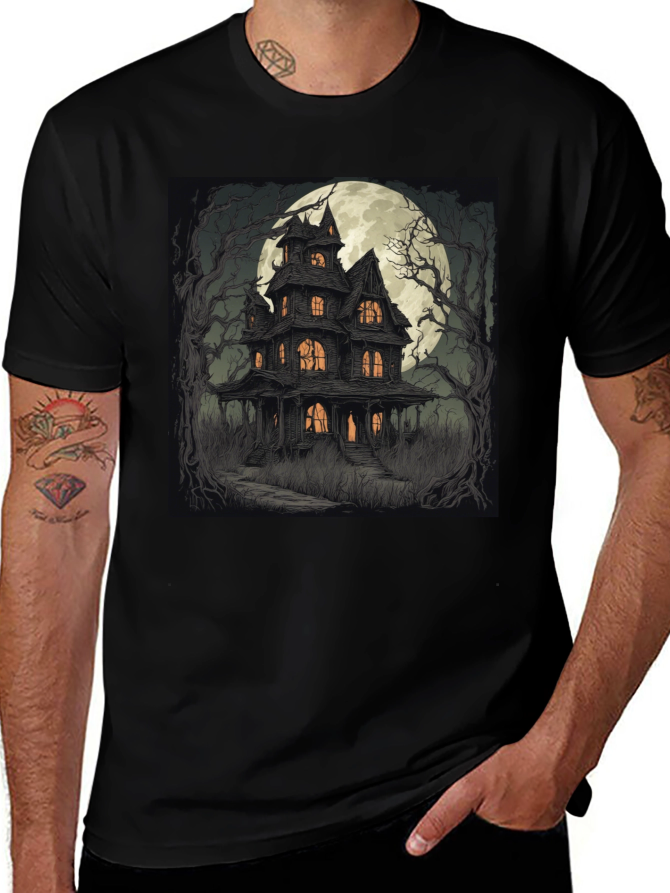 Variant 10 of Haunted House Graphic Tee - Spooky Halloween Style