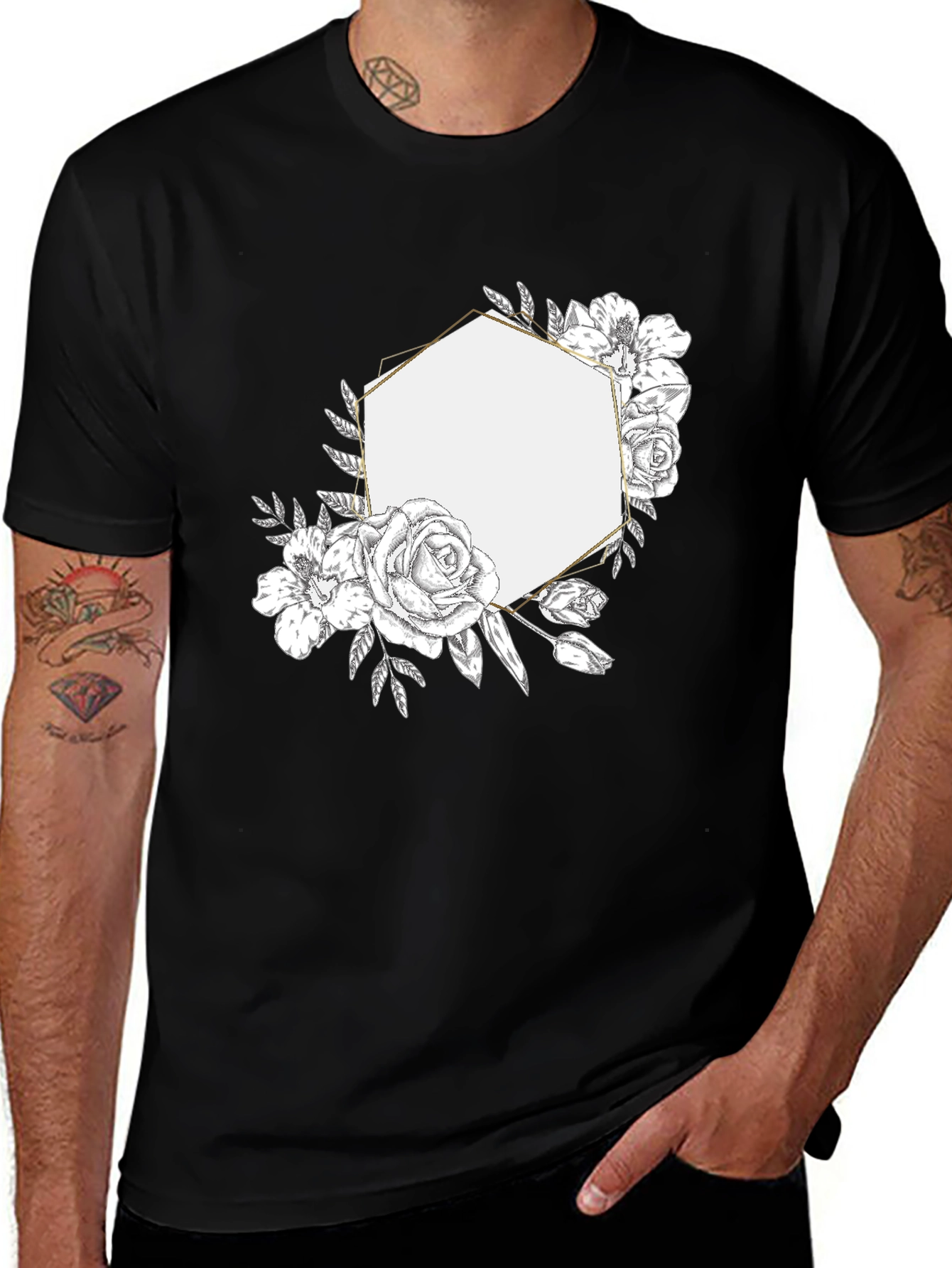 Variant 10 of Floral Hexagon Graphic Tee - Black Cotton Blend