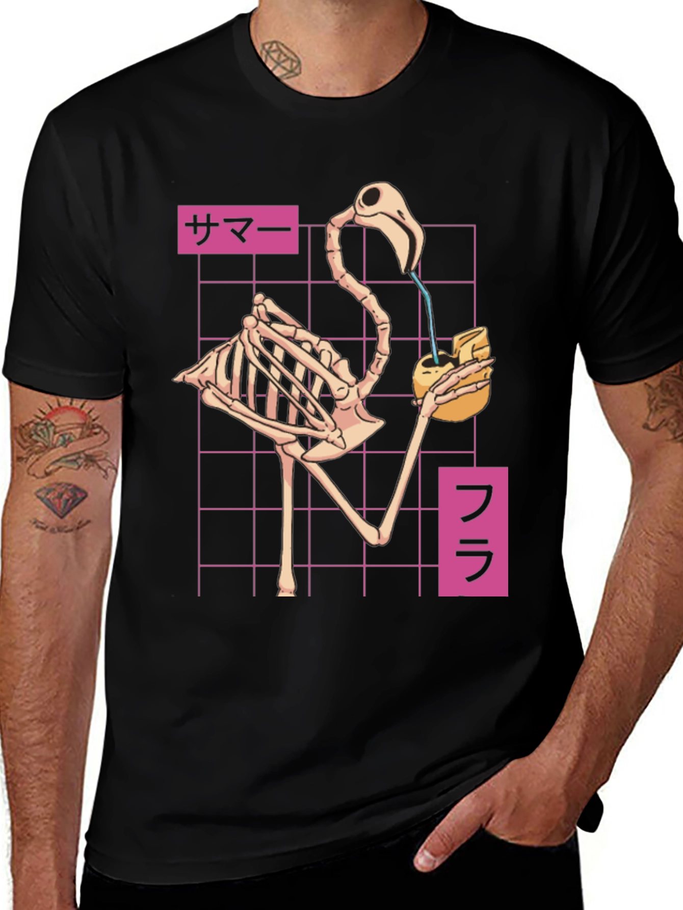 Variant 3 of Skeleton Flamingo Japanese Text T-Shirt