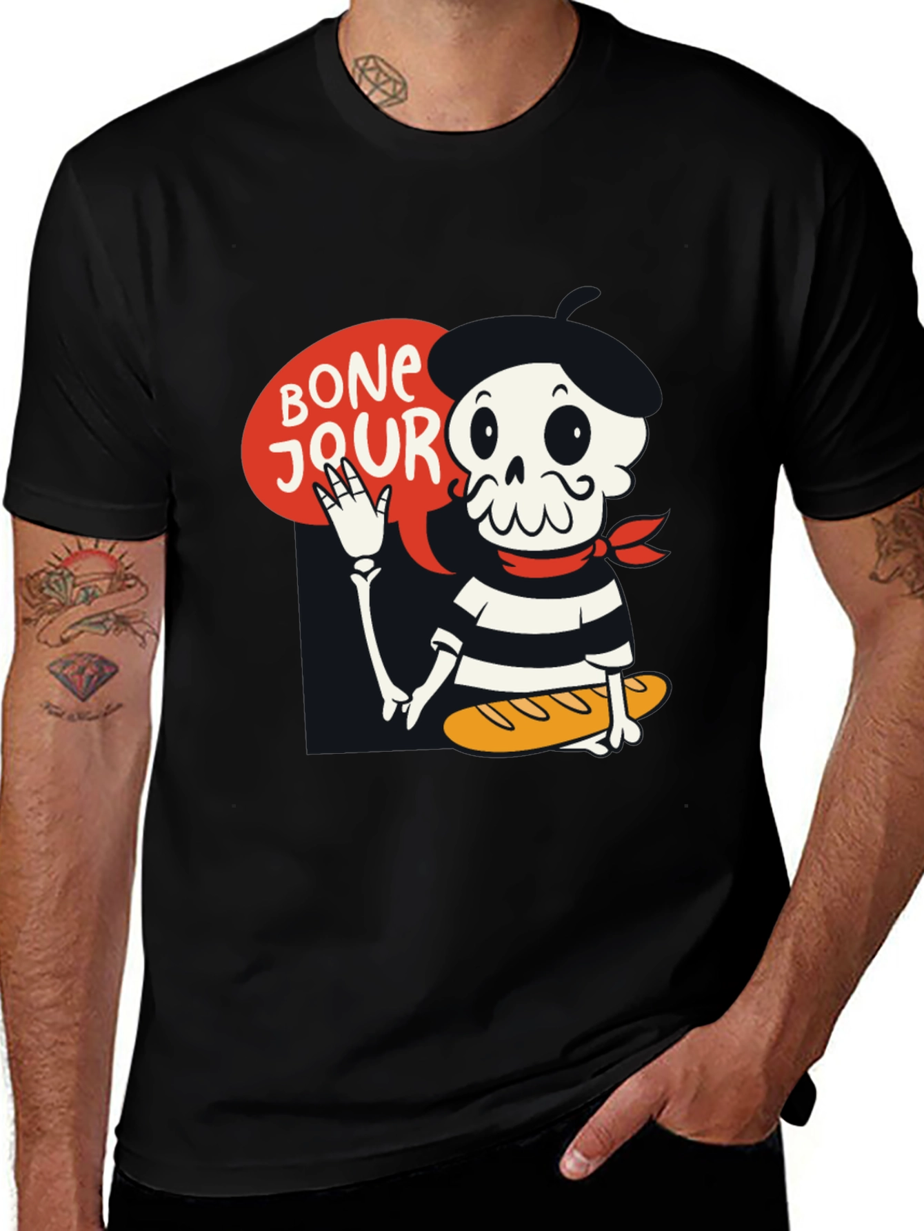 Variant 17 of Bonjour Skeleton Graphic Tee - French Pun T-Shirt