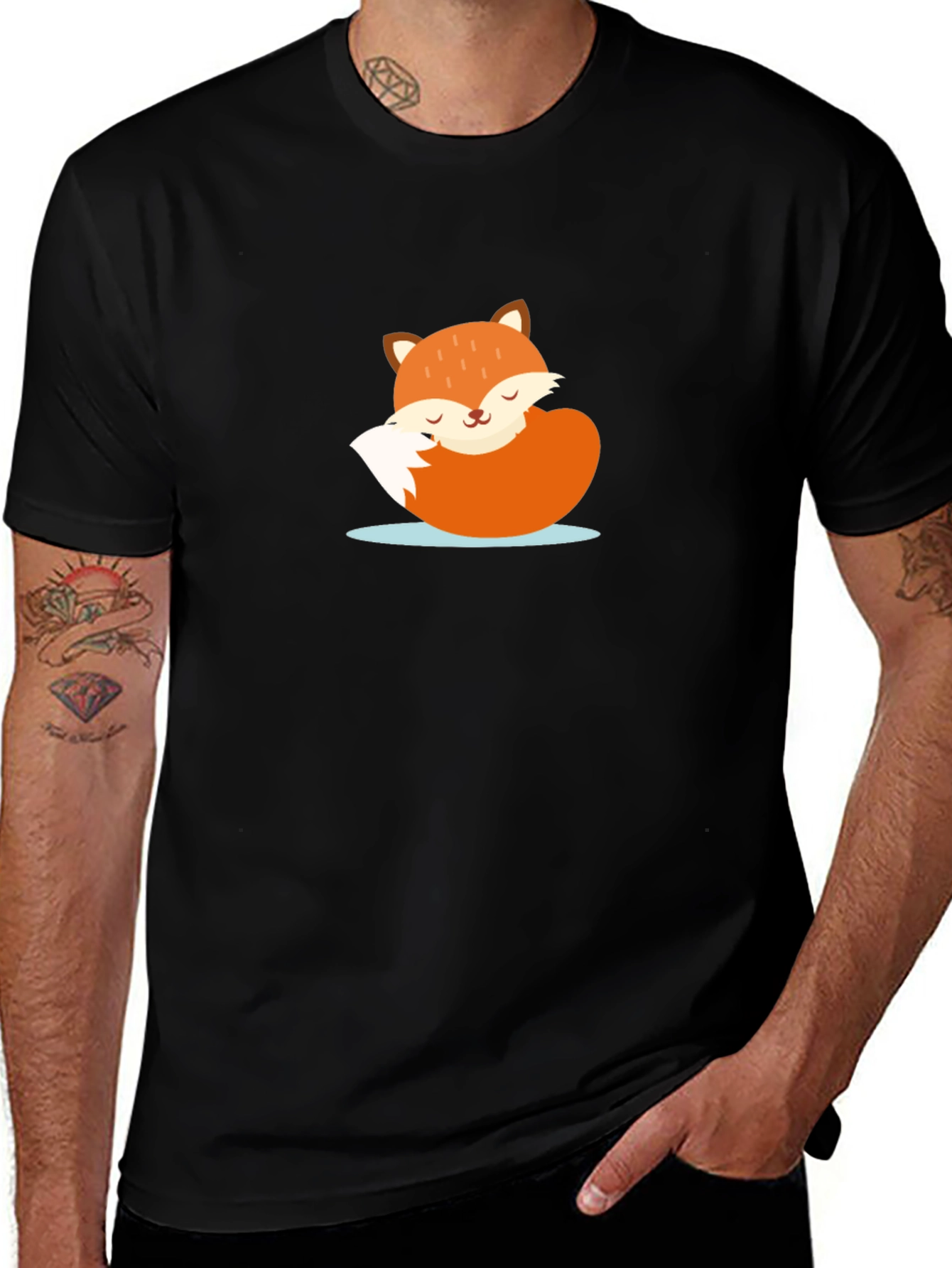 Variant 13 of Cute Sleeping Fox Graphic Tee - Black Casual T-Shirt