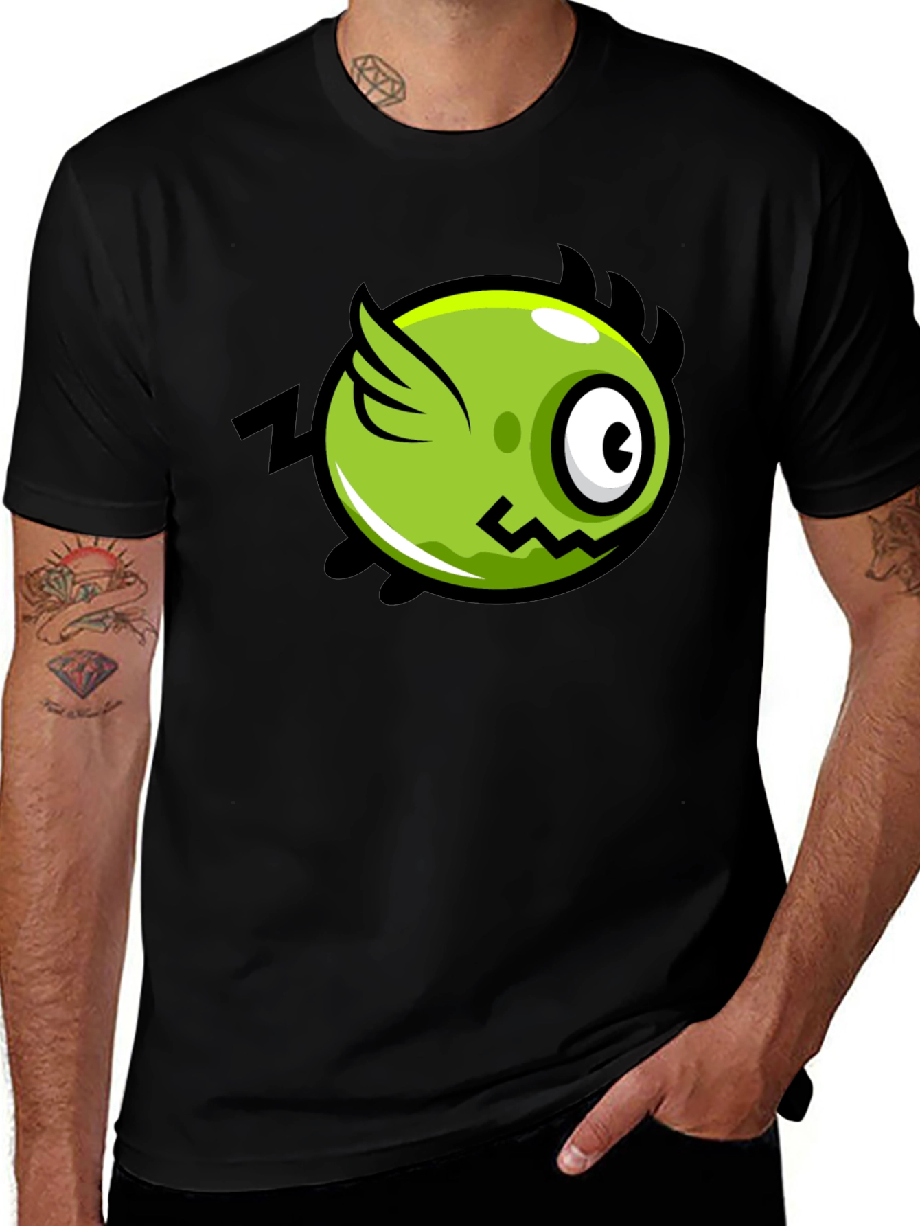 Variant 23 of Funky Green Flying Eye Cartoon Black Tee