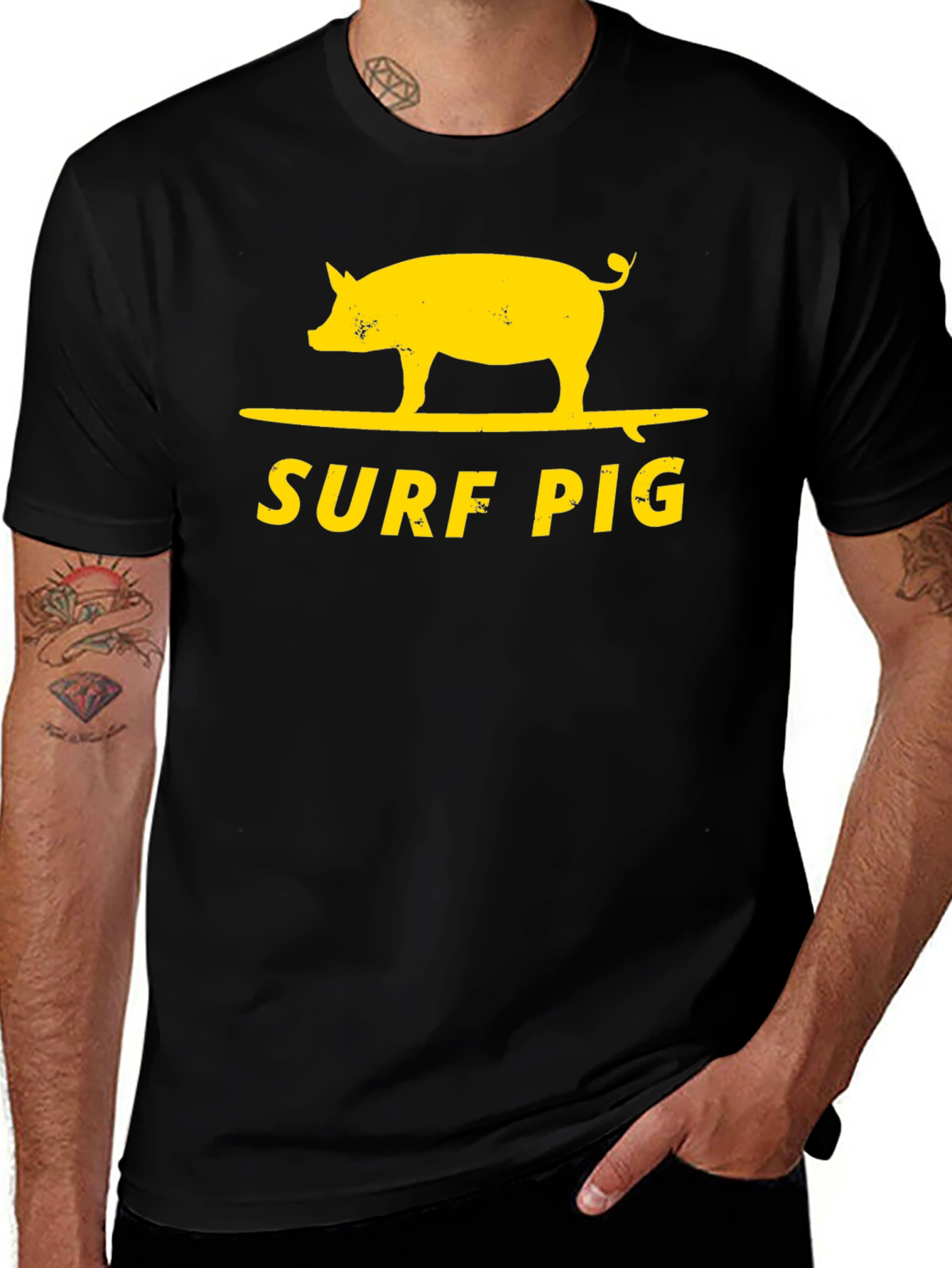 Variant 15 of Surf Pig T-Shirt - Black Cotton Graphic Tee