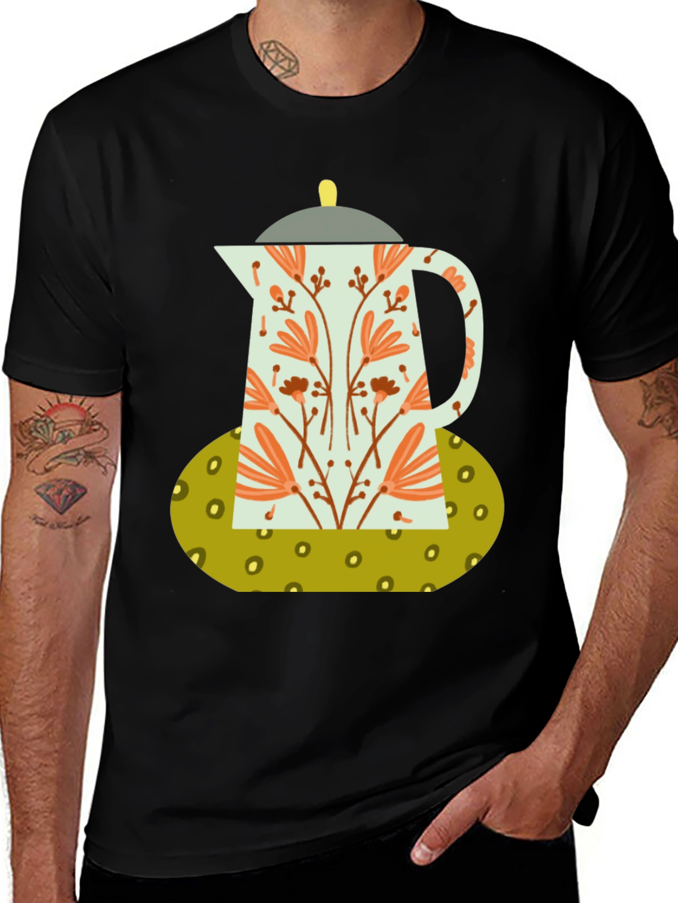 Variant 17 of Floral Coffee Pot Graphic Tee - Black Cotton Blend