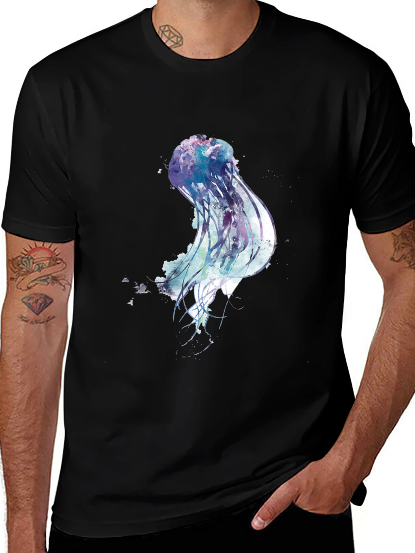 Variant 6 of Jellyfish Watercolor Graphic Print Black T-Shirt
