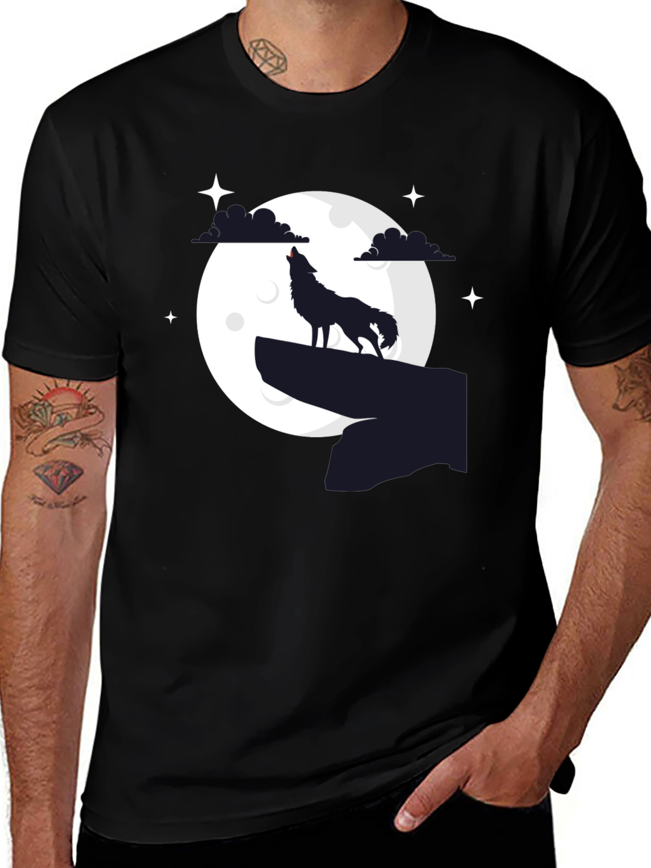 Wolf Howling at Moon Graphic Tee - Black