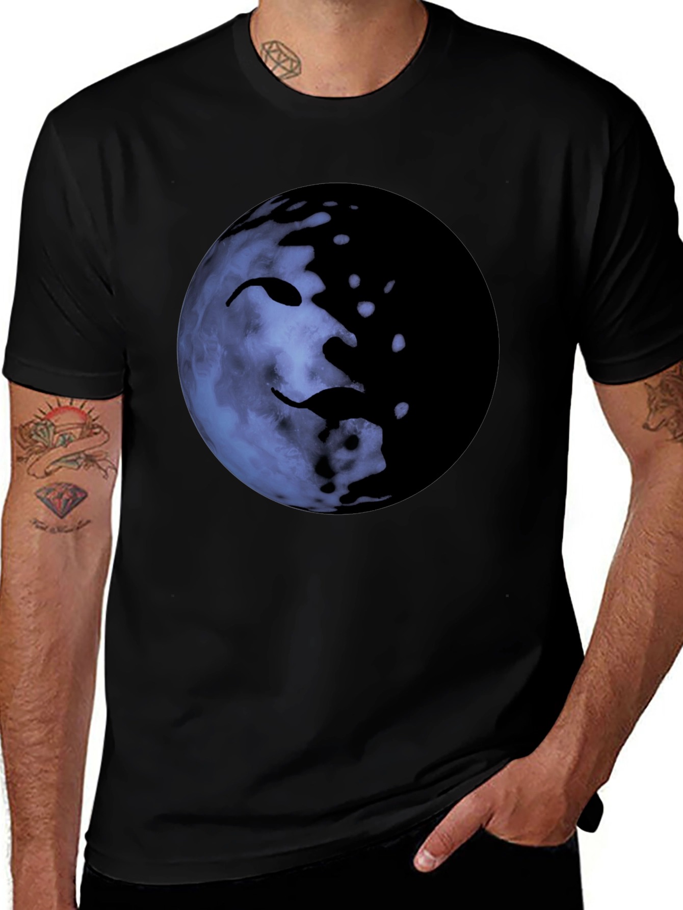Variant 27 of Unique Moon Face Graphic Black T-Shirt