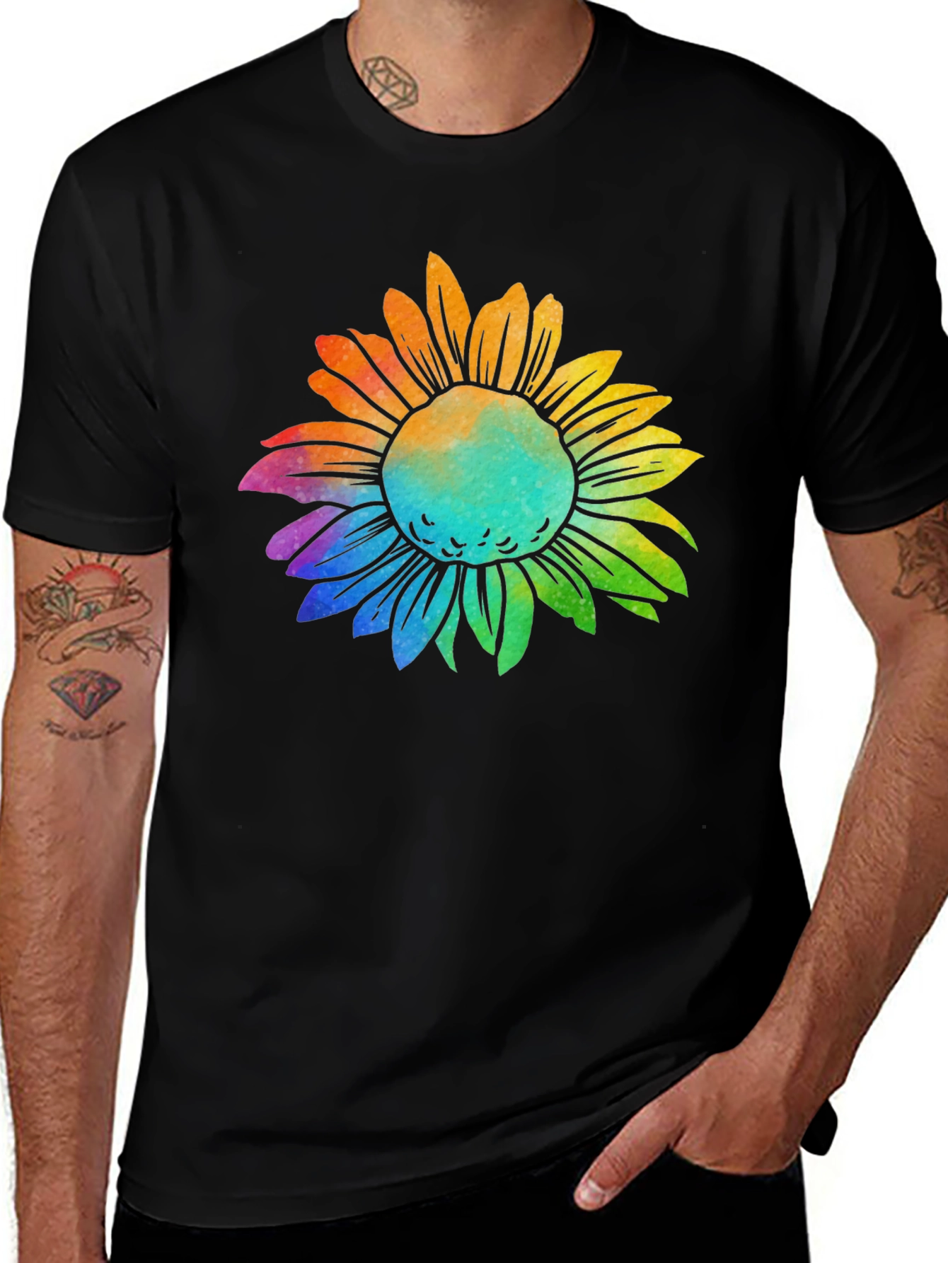 Variant 25 of Rainbow Sunflower Graphic Tee - Black Cotton T-Shirt