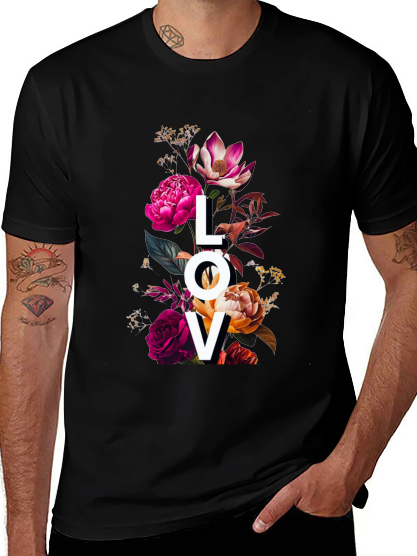 Black Floral LOVE Graphic Print T-Shirt main image