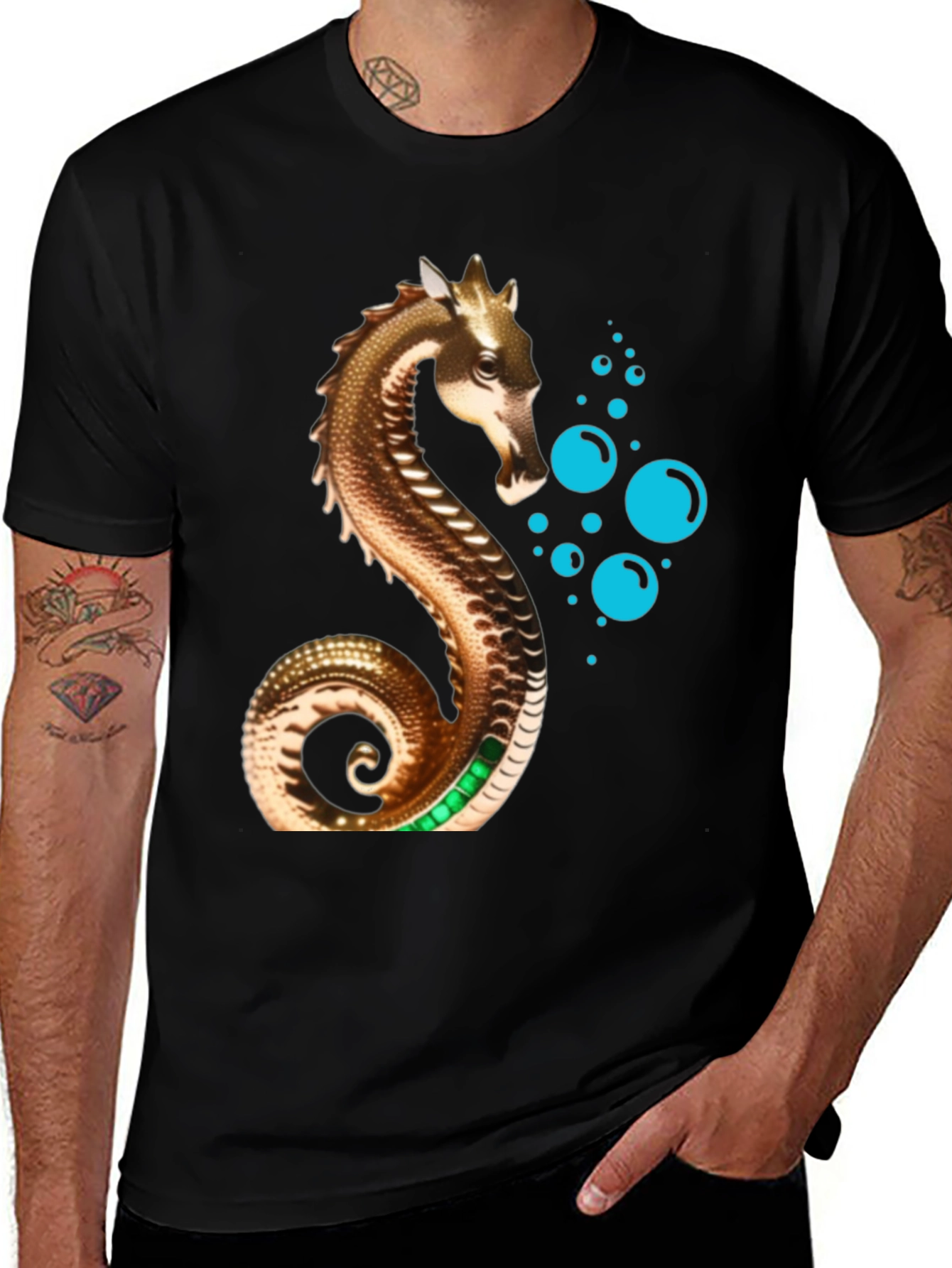 Variant 7 of Golden Seahorse Graphic Tee - Stylish Men's Black T-Shirt