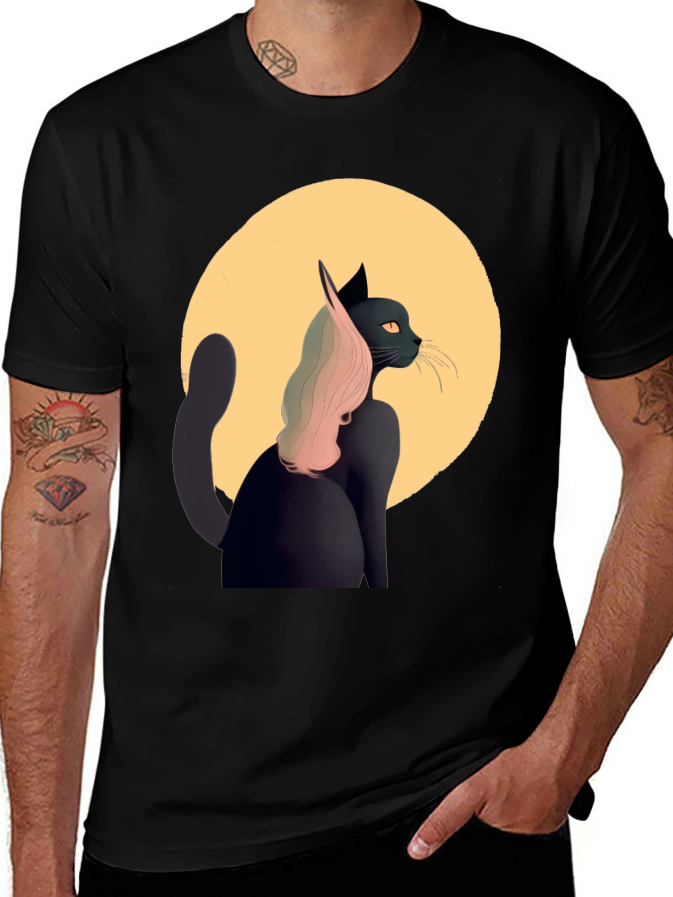 Variant 25 of Black Cat T-Shirt with Moon and Pink Hair