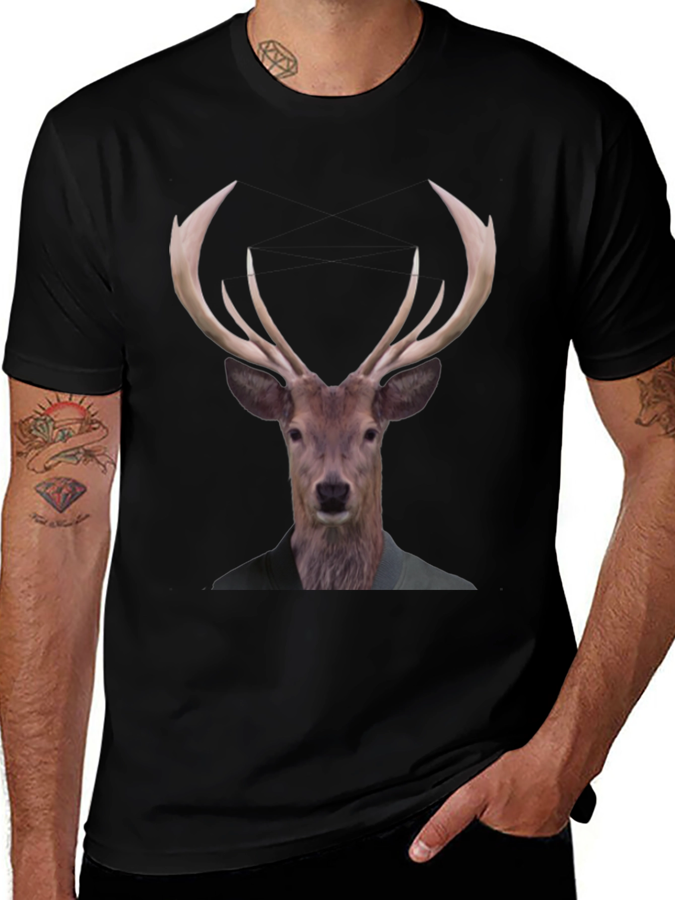 Deer Suit Graphic Tee - Black Cotton T-Shirt