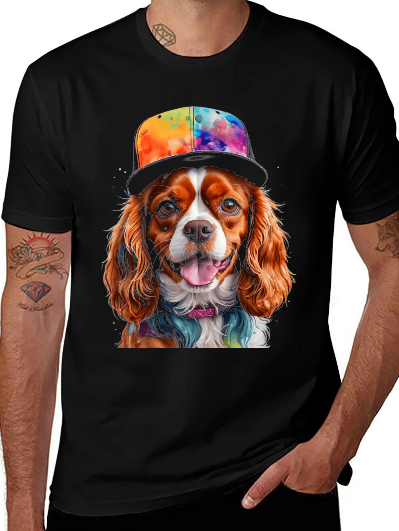 Black Cool Dog T-Shirt: Cavalier in Colorful Hat main image