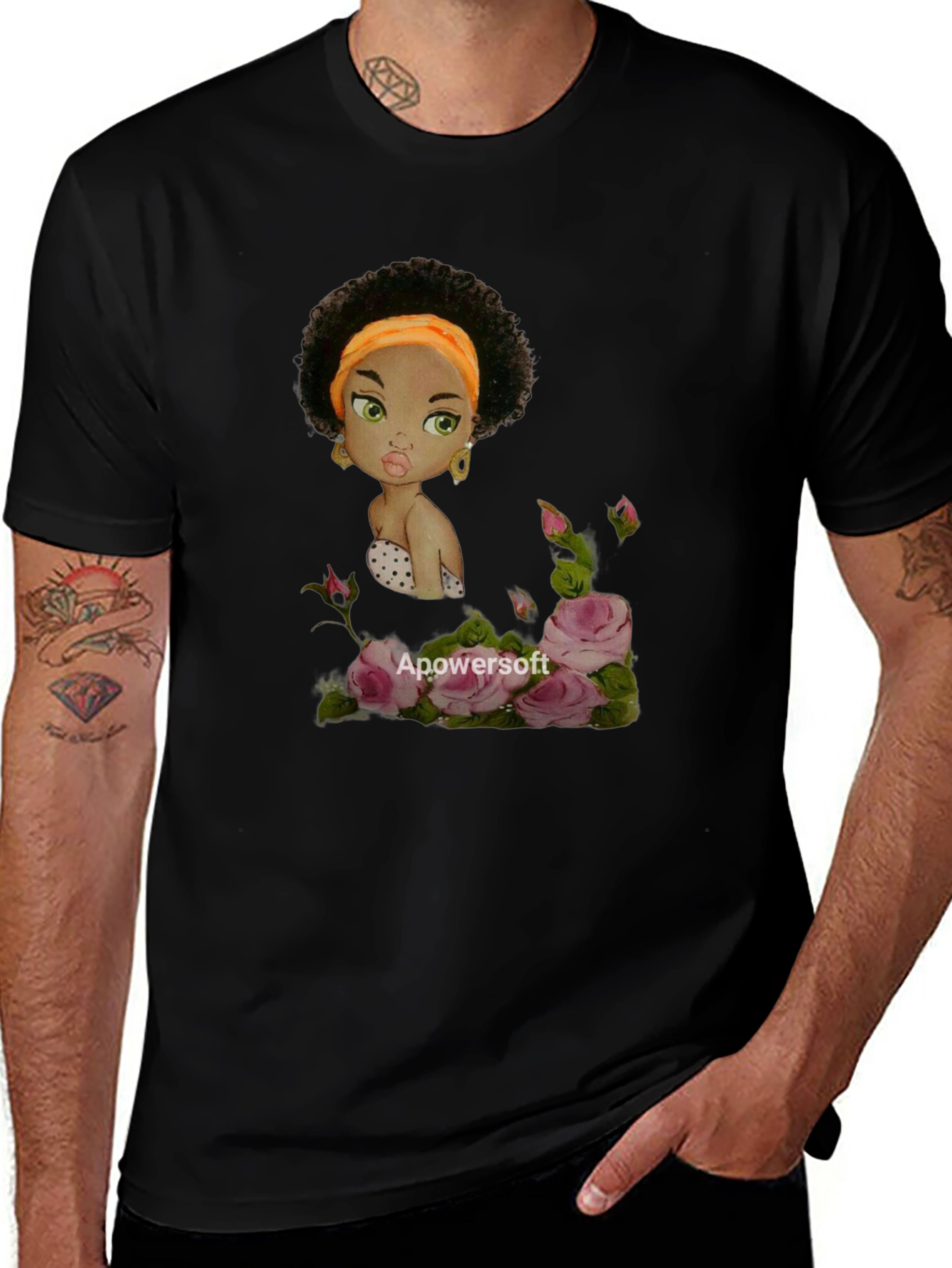 Variant 4 of Black T-Shirt with Afro Cartoon Girl & Roses Design