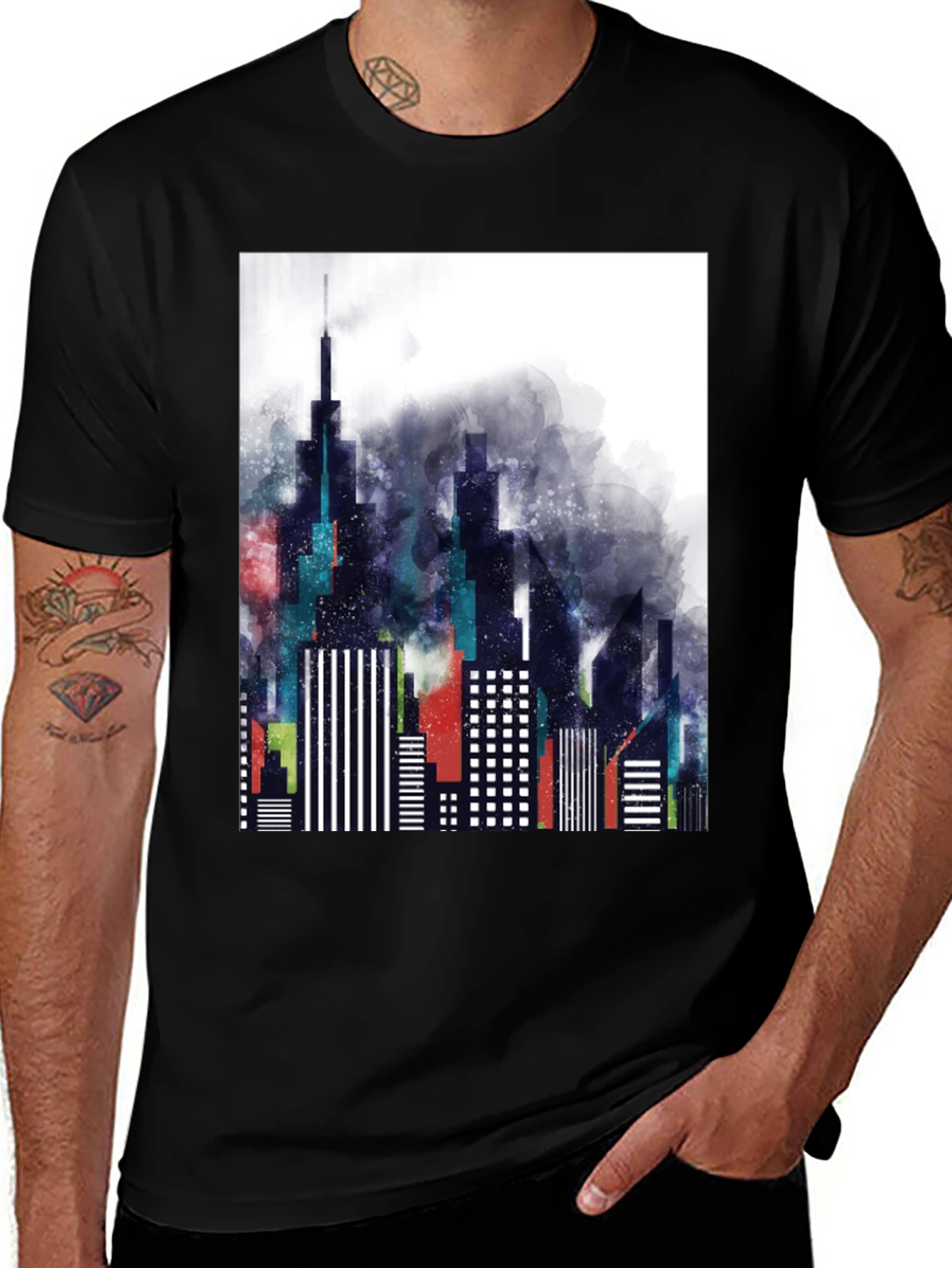 Variant 3 of Modern Cityscape Graphic Tee - Black Cotton Blend