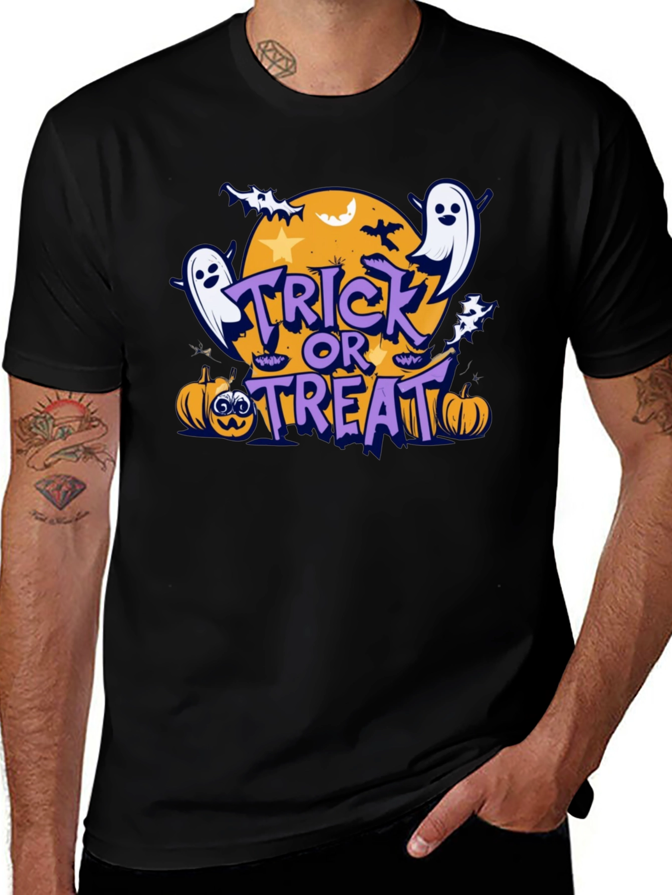 Variant 28 of Halloween Trick or Treat T-Shirt with Ghosts and Pumpkins