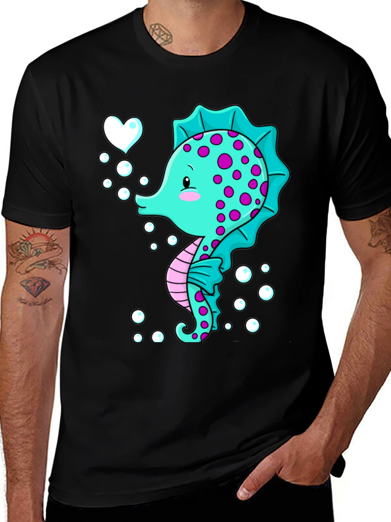 Variant 19 of Cute Seahorse Graphic Tee - Black Cotton T-Shirt
