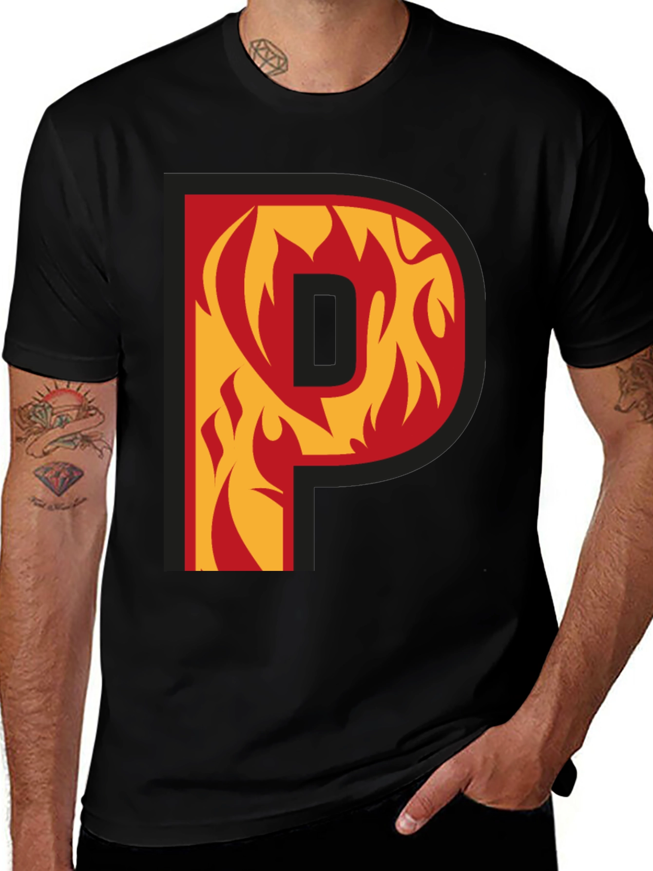 Variant 15 of Fiery Letter P Graphic Tee - Black Cotton Blend Shirt