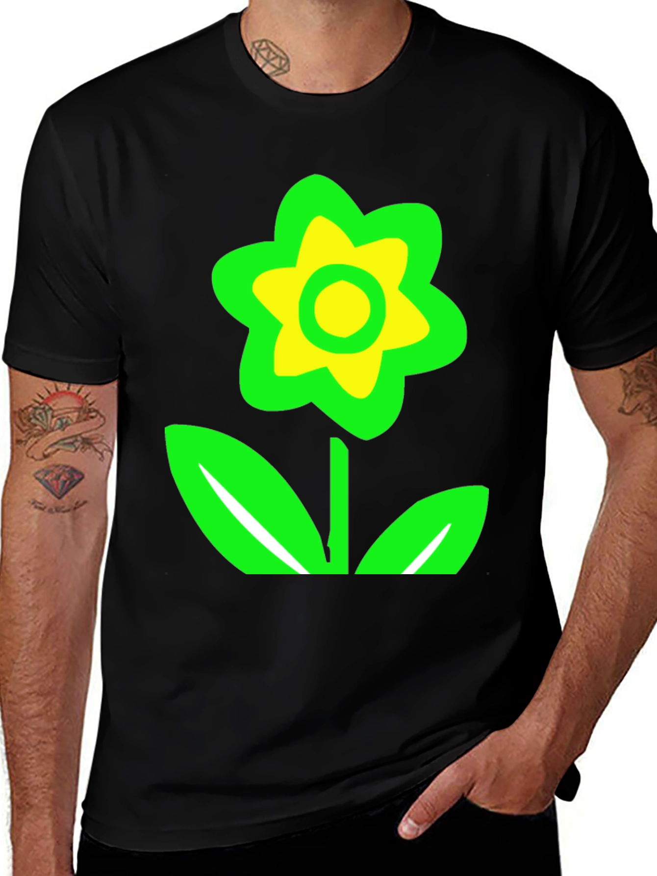 Black T-Shirt with Green and Yellow Flower Graphic