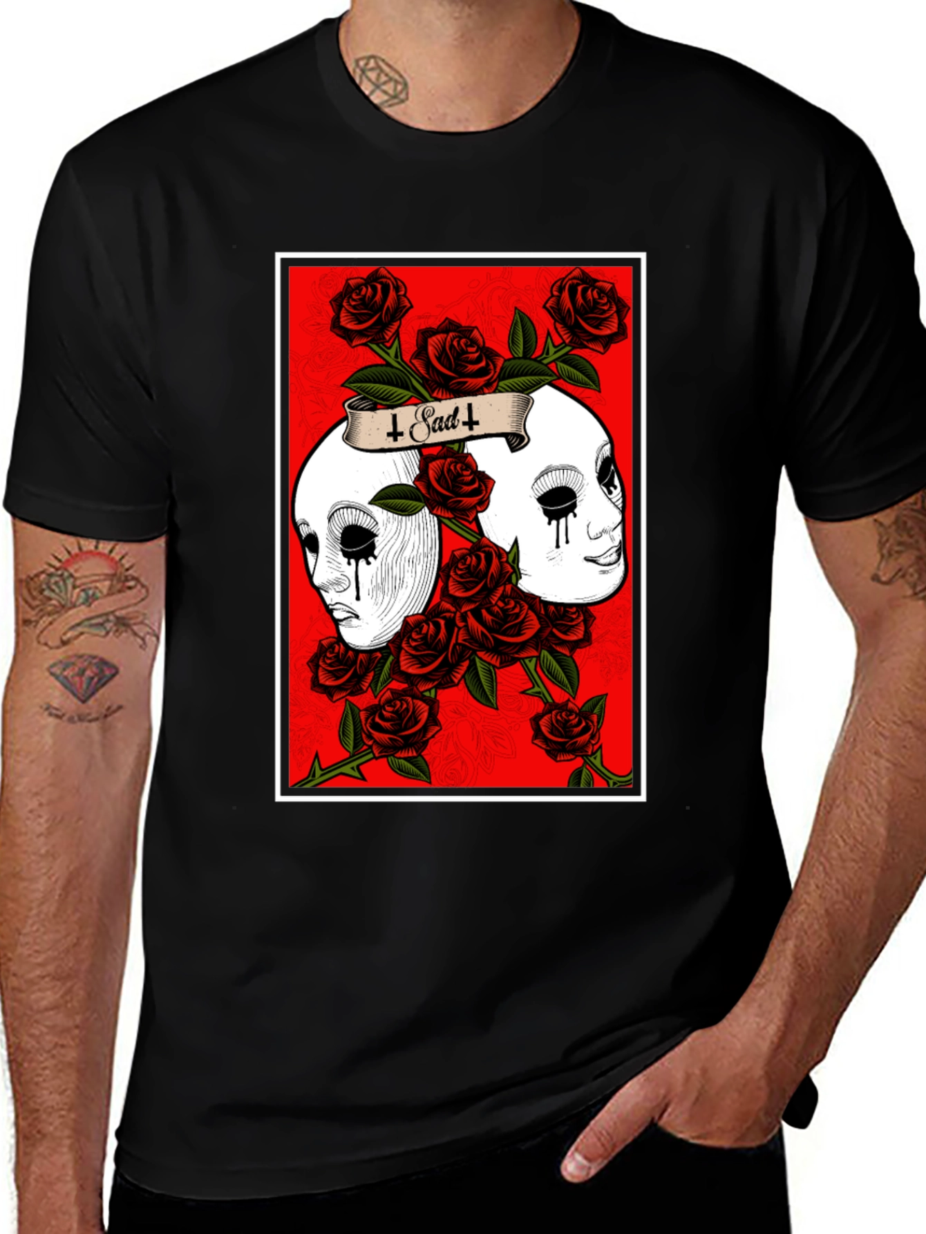 Variant 30 of Sad Masks & Roses Graphic T-Shirt - Black