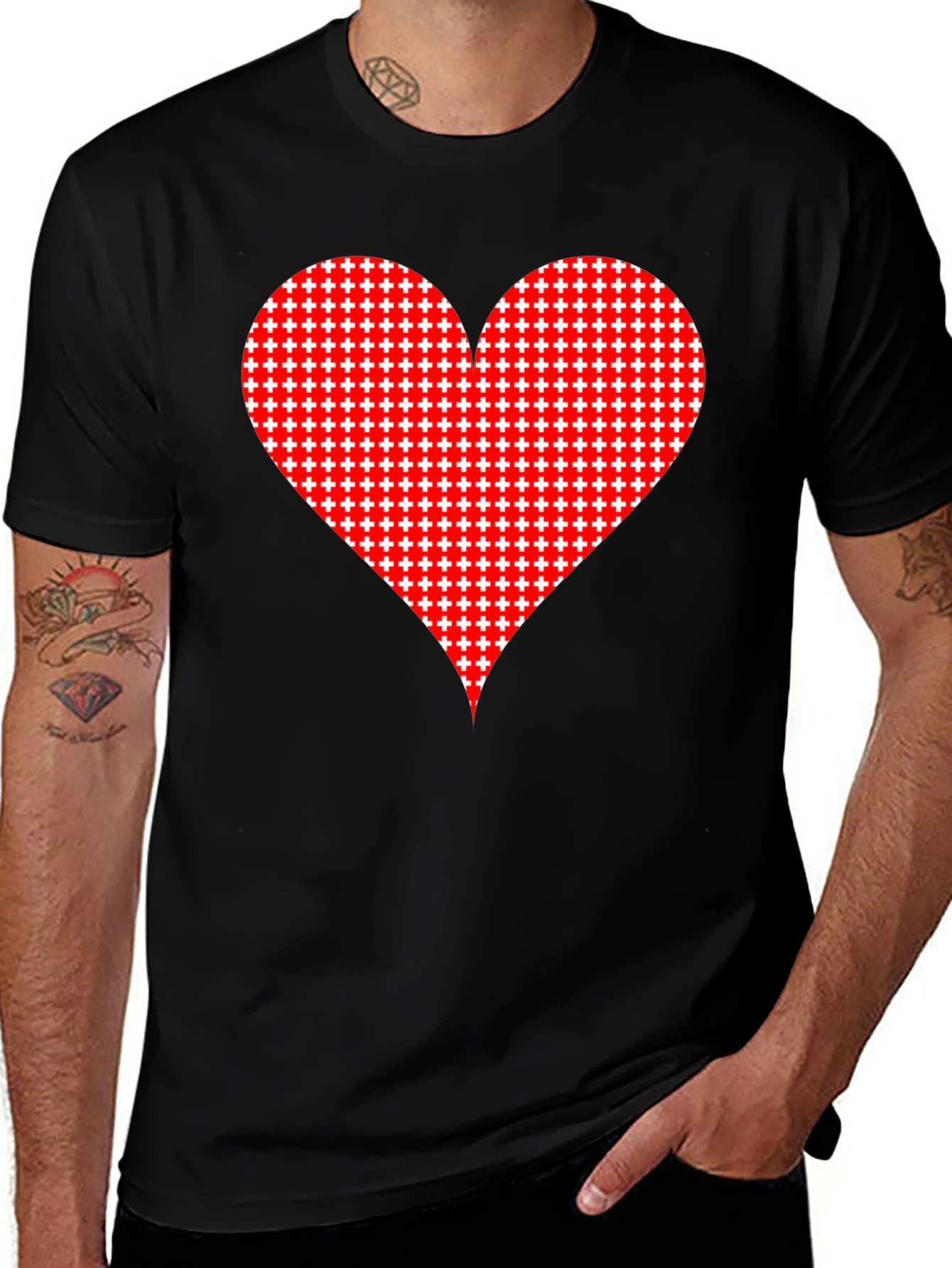 Variant 11 of Heart Plus Sign Pattern Black T-Shirt