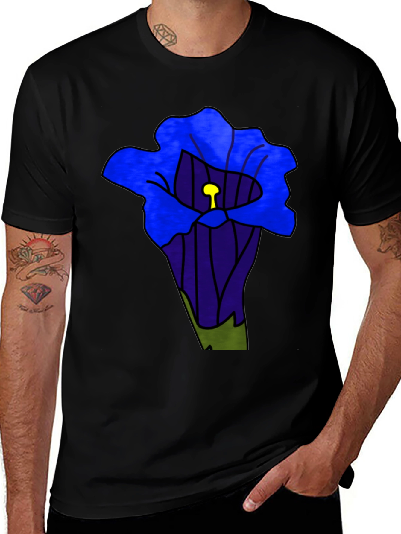 Variant 14 of Blue Flower Graphic Black T-Shirt