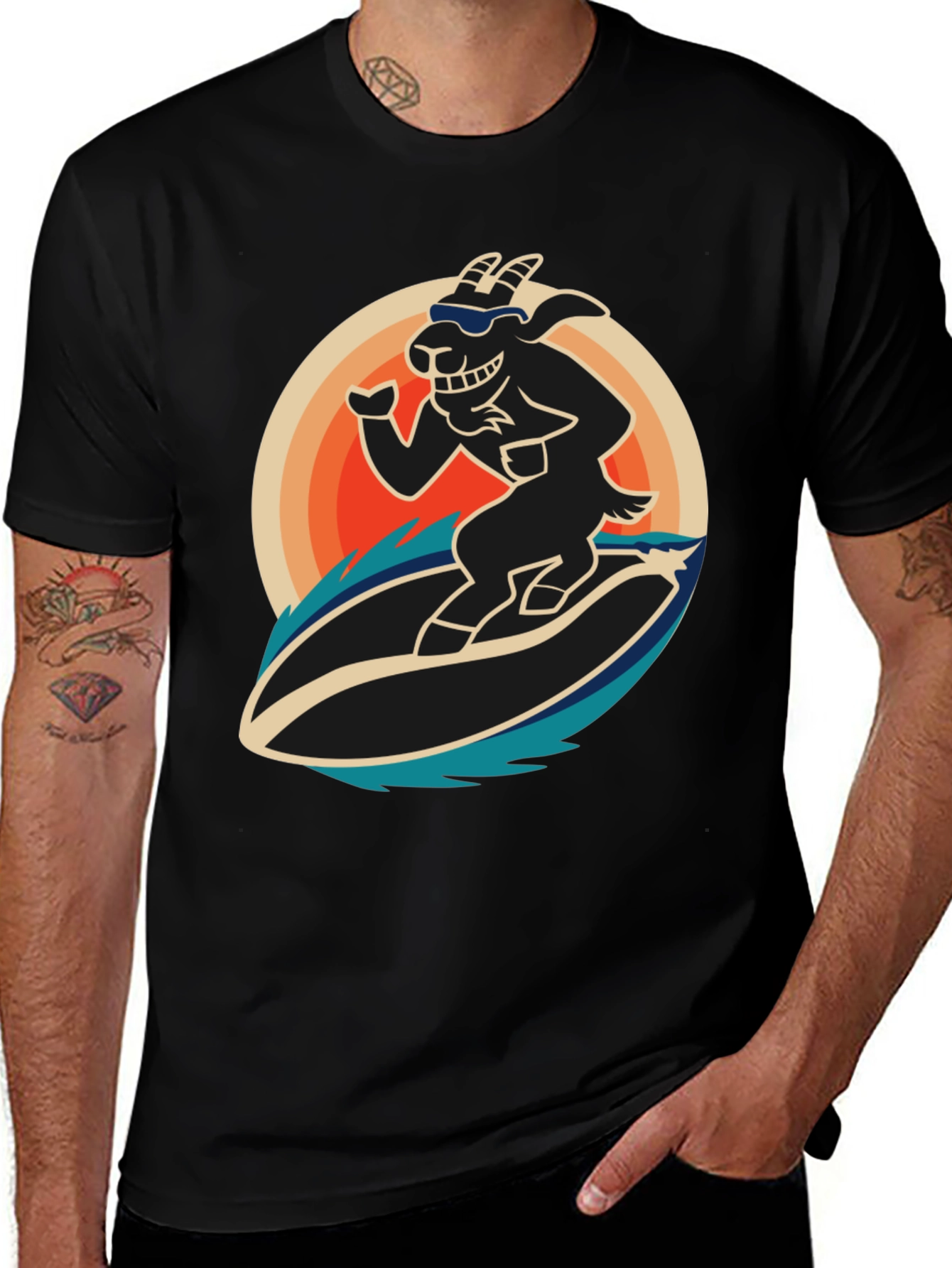 Variant 8 of Surfing Goat Graphic T-Shirt - Cool Black Tee