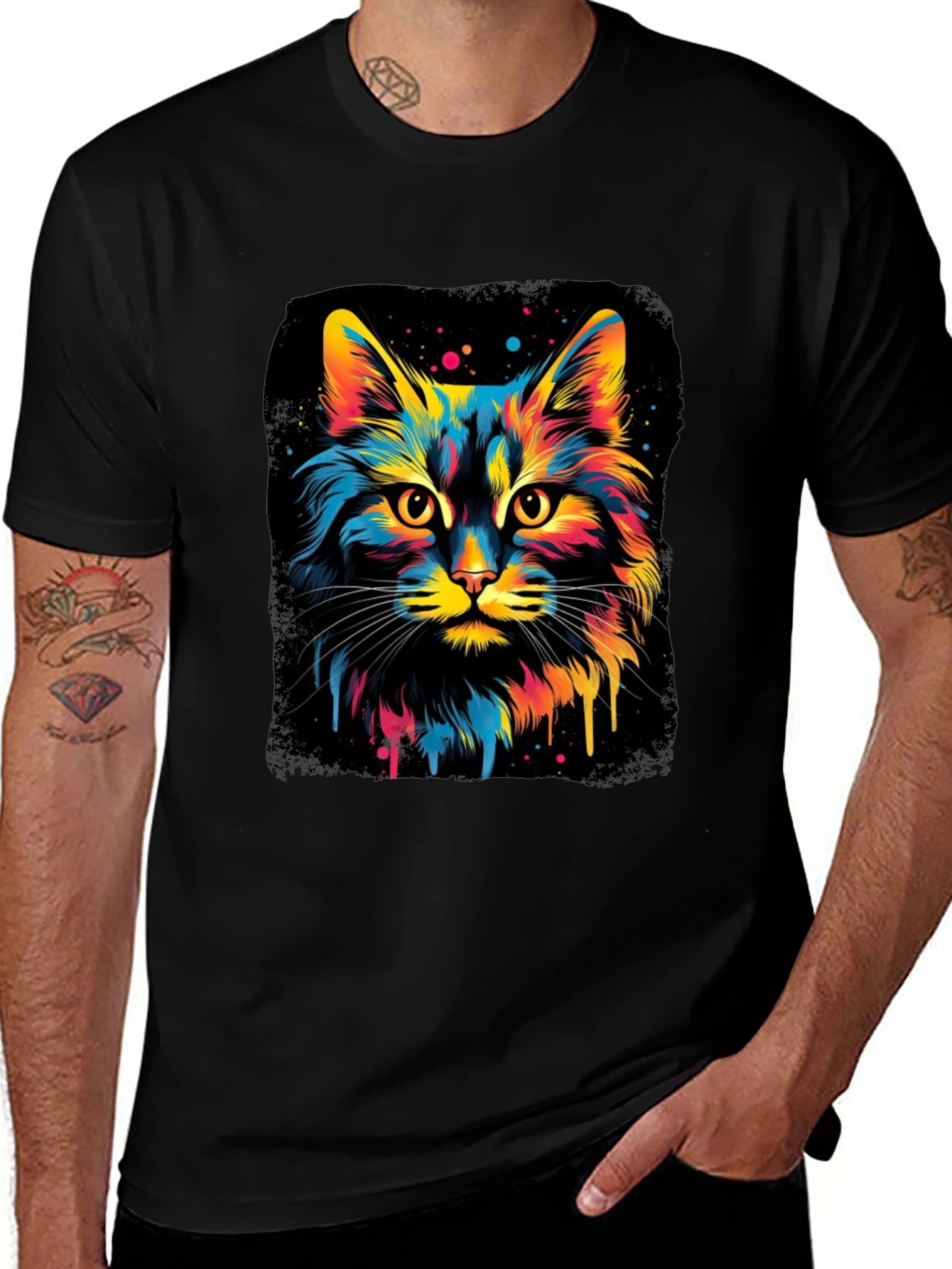 Variant 28 of Colorful Cat Graphic Black T-Shirt