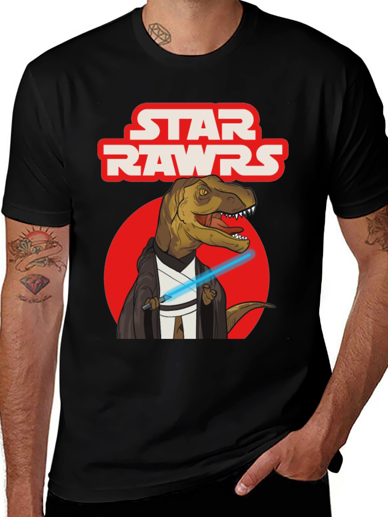 Star Rawrs T-Shirt - Dinosaur Jedi Design